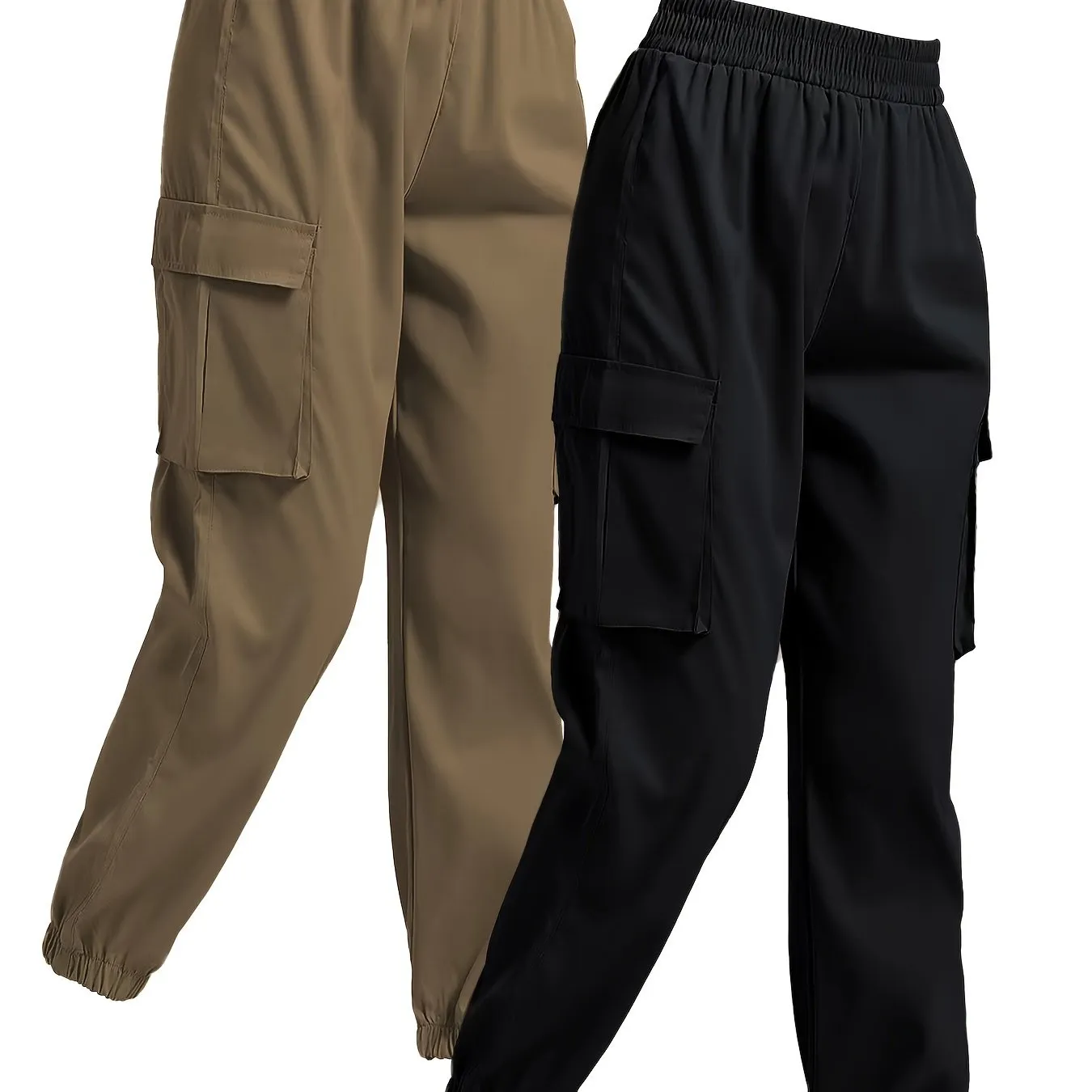 2-Pack Chic Solid Jogger Cargo Pants for Women with Flap Pockets and Comfy Elastic Waist - Versatile Leisurewear for Daily Use