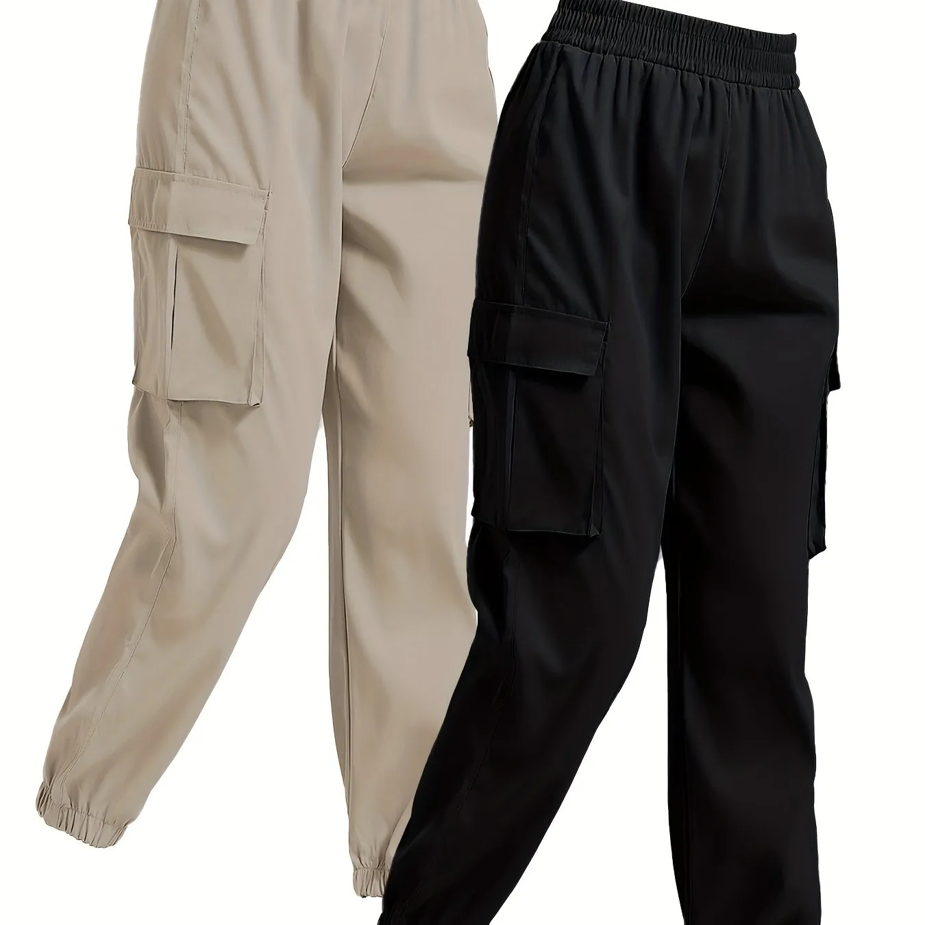 2-Pack Chic Solid Jogger Cargo Pants for Women with Flap Pockets and Comfy Elastic Waist - Versatile Leisurewear for Daily Use