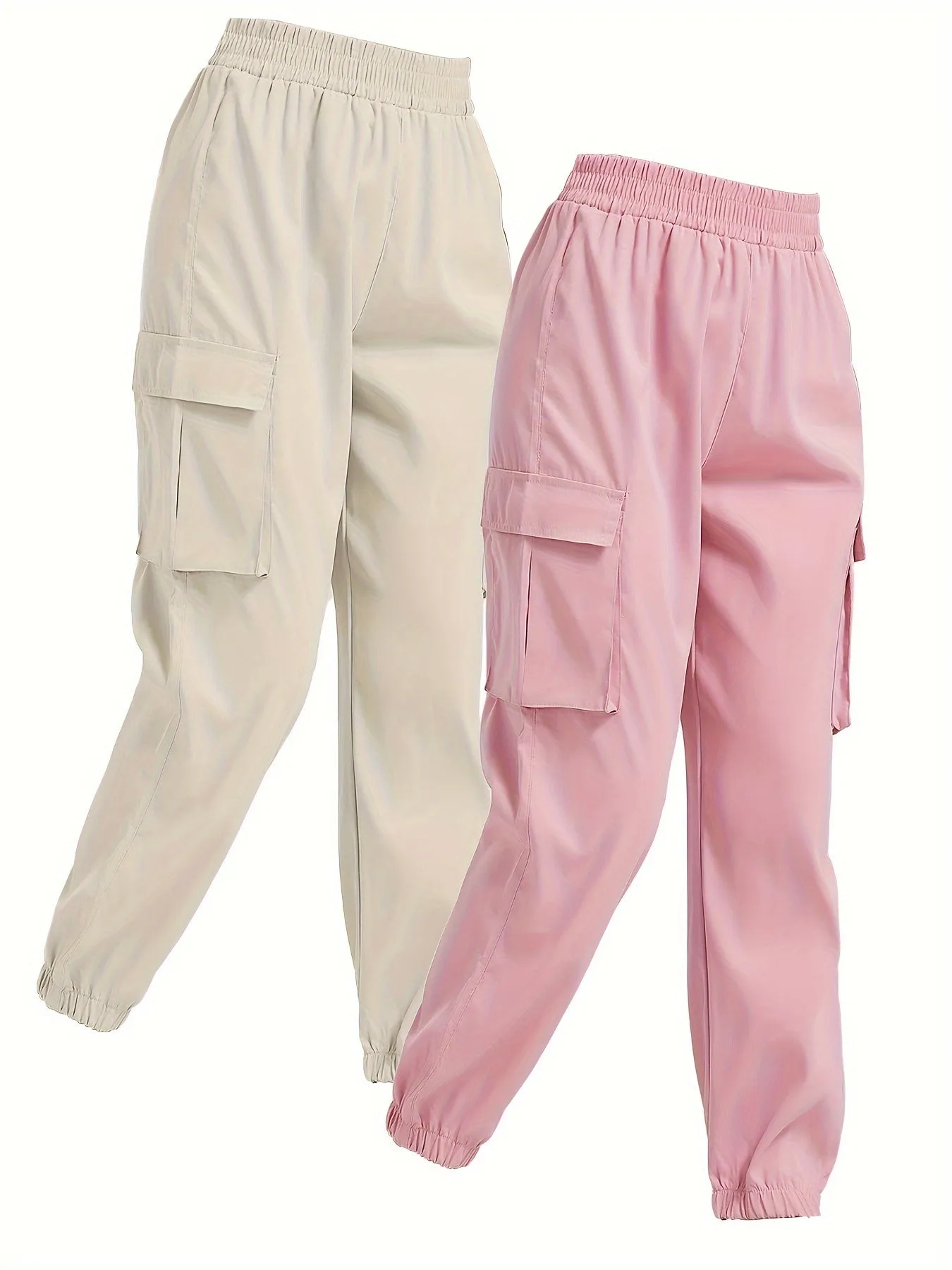 2-Pack Chic Solid Jogger Cargo Pants for Women with Flap Pockets and Comfy Elastic Waist - Versatile Leisurewear for Daily Use