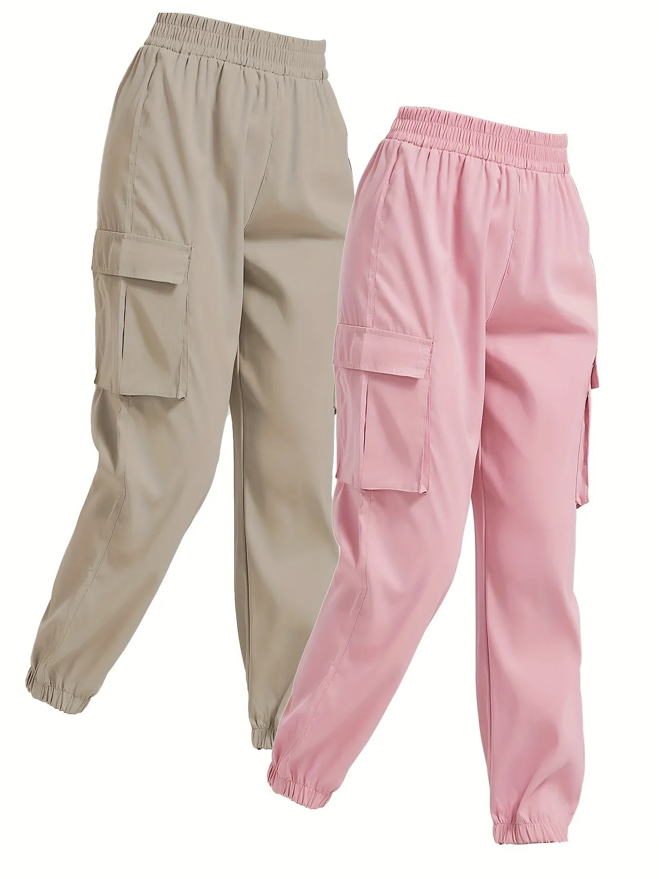 2-Pack Chic Solid Jogger Cargo Pants for Women with Flap Pockets and Comfy Elastic Waist - Versatile Leisurewear for Daily Use