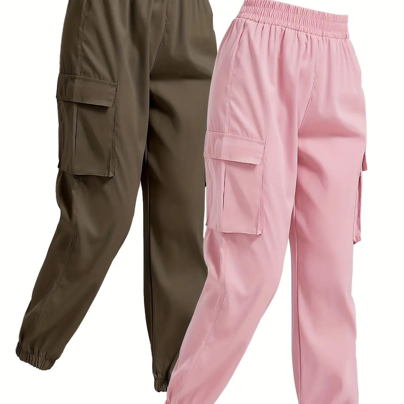 2-Pack Chic Solid Jogger Cargo Pants for Women with Flap Pockets and Comfy Elastic Waist - Versatile Leisurewear for Daily Use