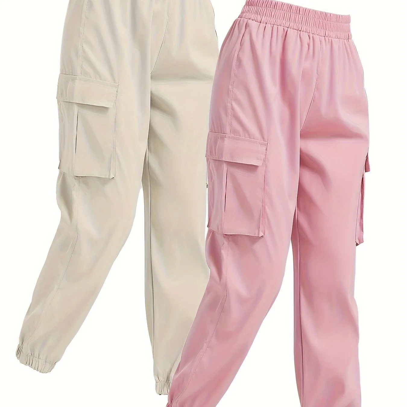 2-Pack Chic Solid Jogger Cargo Pants for Women with Flap Pockets and Comfy Elastic Waist - Versatile Leisurewear for Daily Use