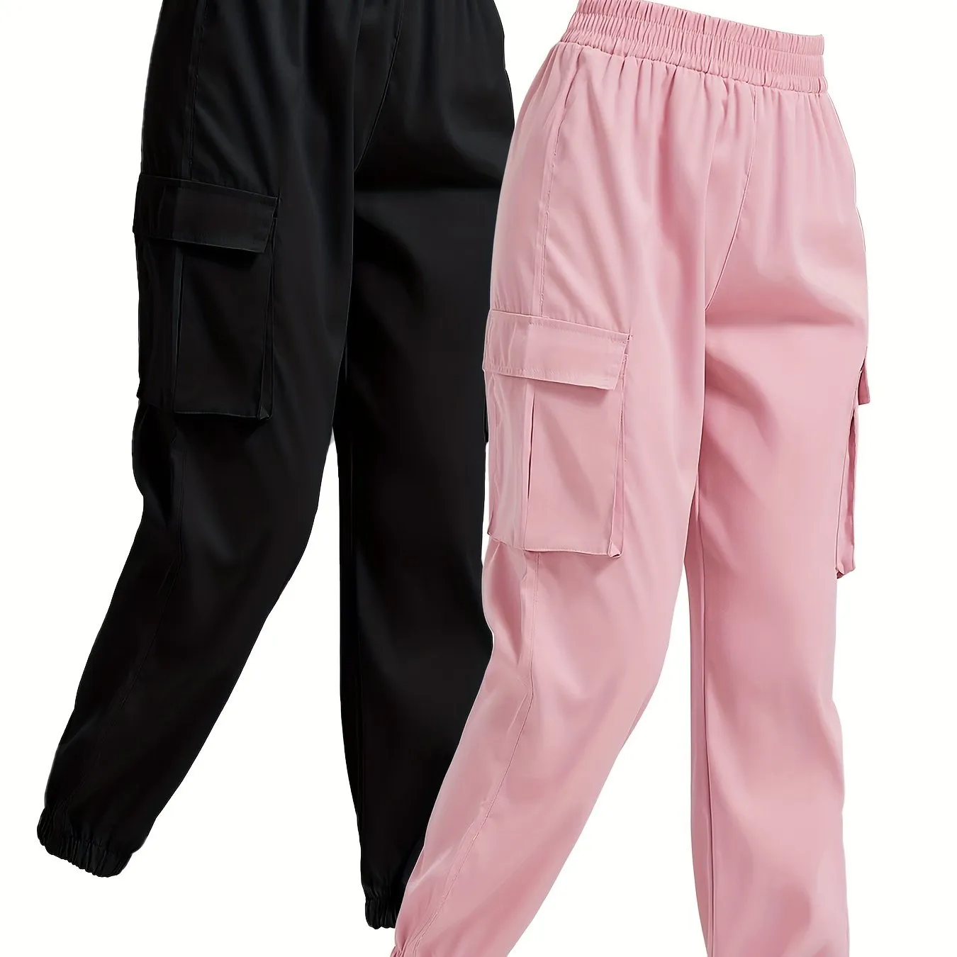 2-Pack Chic Solid Jogger Cargo Pants for Women with Flap Pockets and Comfy Elastic Waist - Versatile Leisurewear for Daily Use