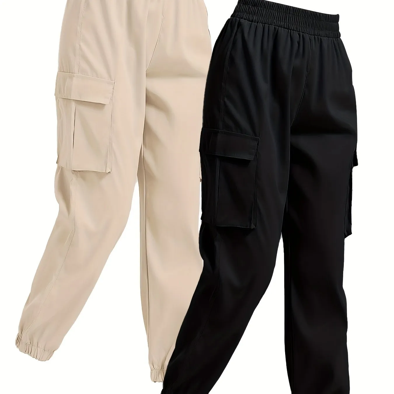 2-Pack Chic Solid Jogger Cargo Pants for Women with Flap Pockets and Comfy Elastic Waist - Versatile Leisurewear for Daily Use