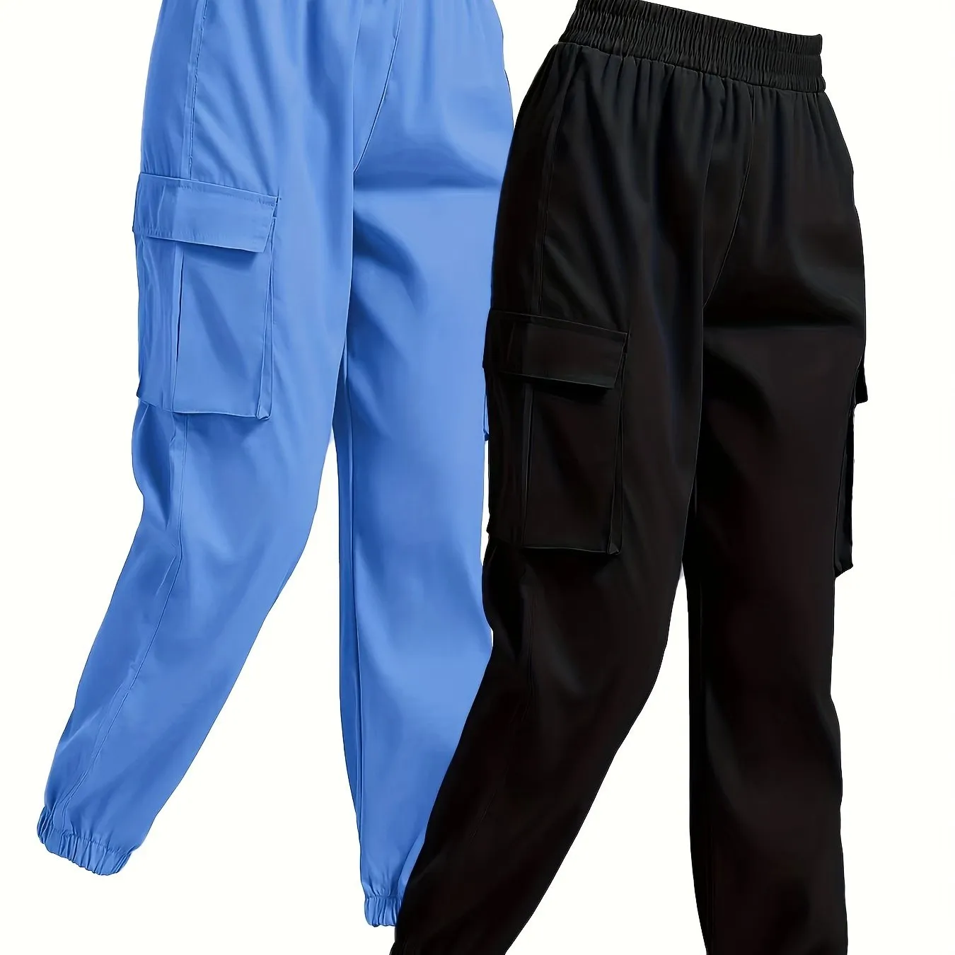 2-Pack Chic Solid Jogger Cargo Pants for Women with Flap Pockets and Comfy Elastic Waist - Versatile Leisurewear for Daily Use