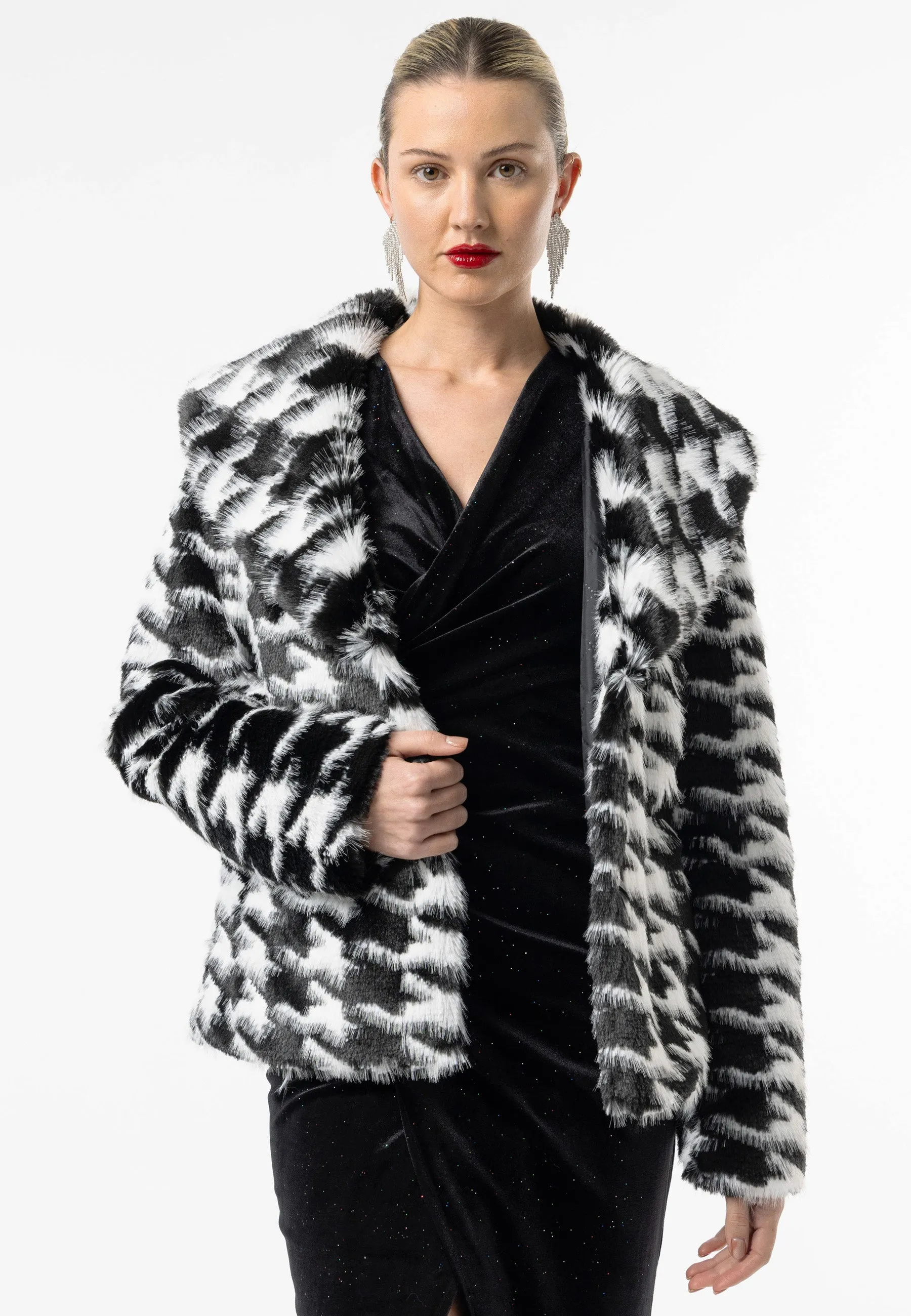 (3p. Pack) Houndstooth Faux Fur Coat