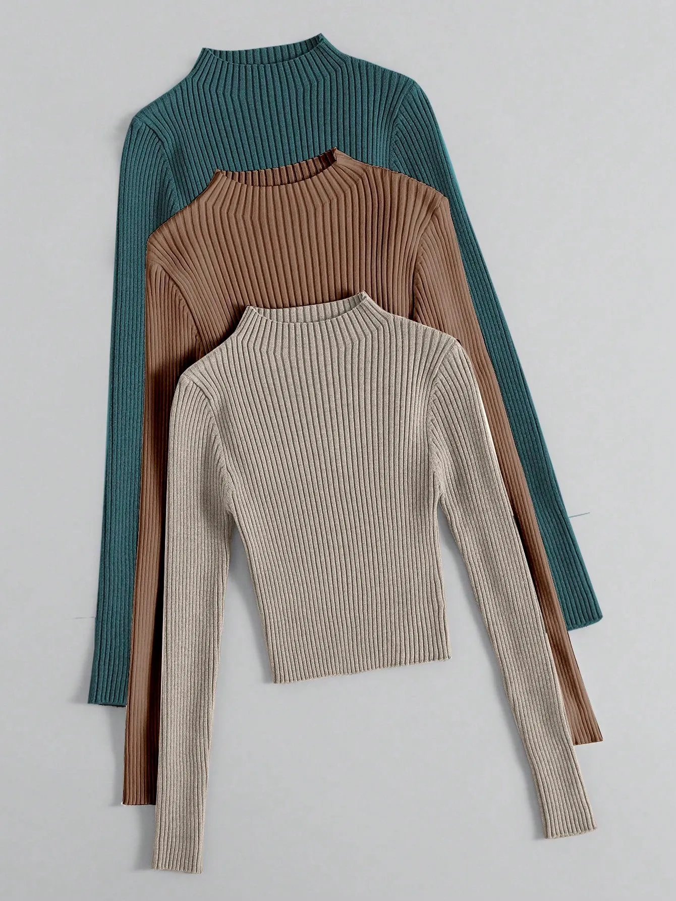 3pcs Mock Neck Ribbed Knit Sweater