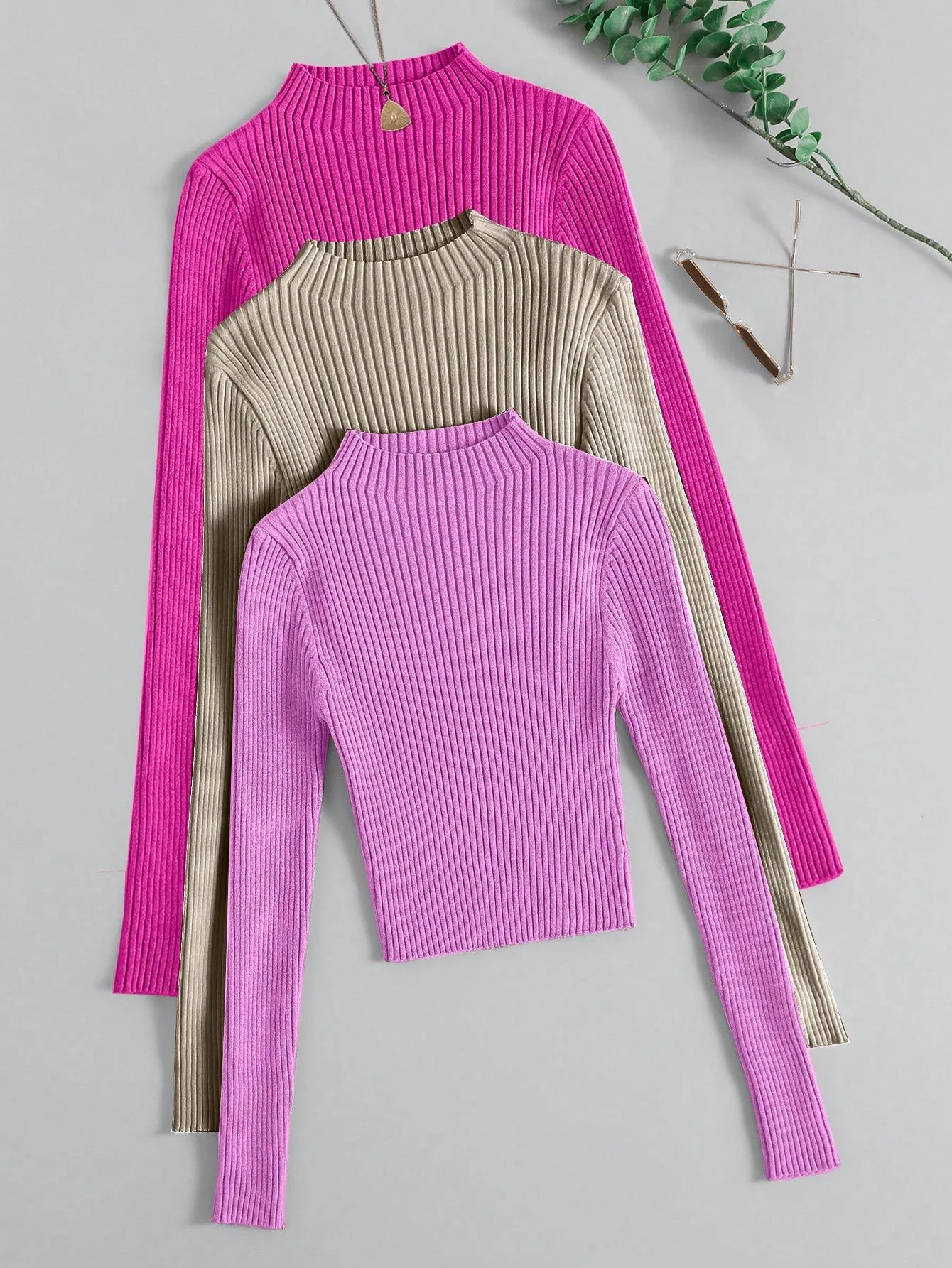3pcs Mock Neck Ribbed Knit Sweater