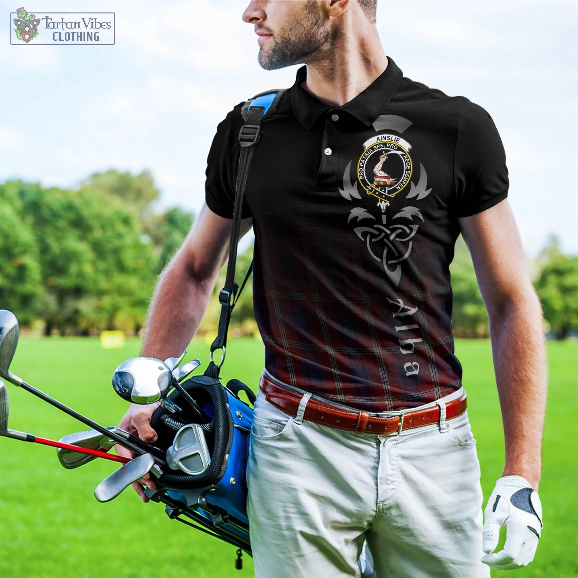 Ainslie Tartan Polo Shirt Featuring Alba Gu Brath Family Crest Celtic Inspired