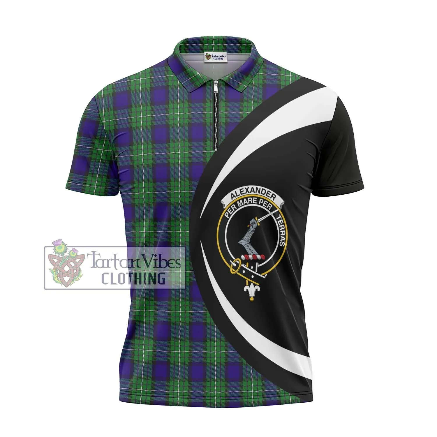 Alexander Tartan Zipper Polo Shirt with Family Crest Circle Style