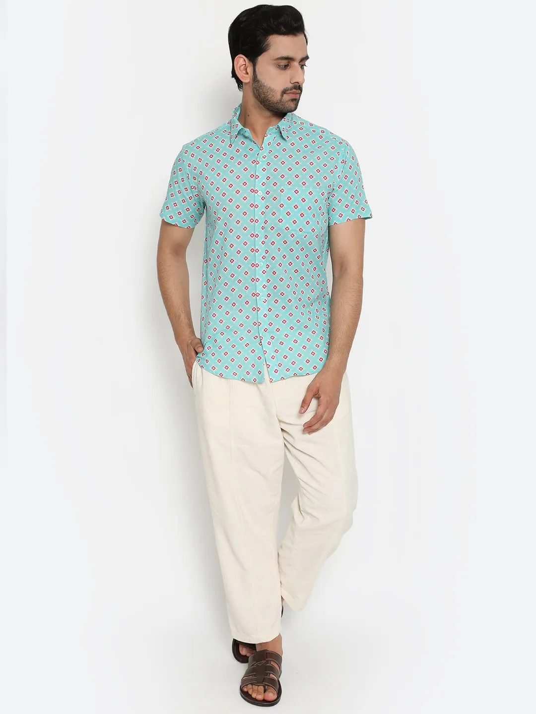 Aqua blue Short Sleeve Cotton Hand Block Printed Men’s Shirt