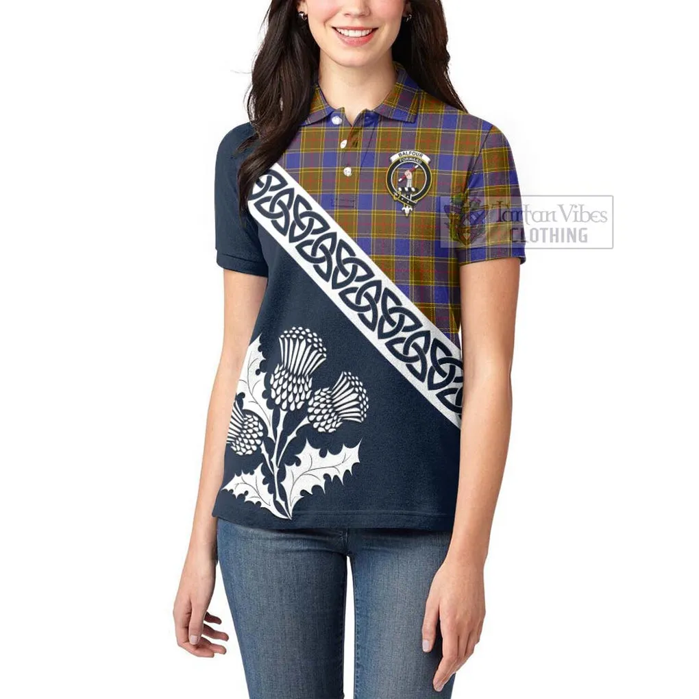 Balfour Tartan Women's Polo Shirt Featuring Thistle and Scotland Map