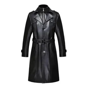Black Double Collar Long Trench Genuine Leather Coat