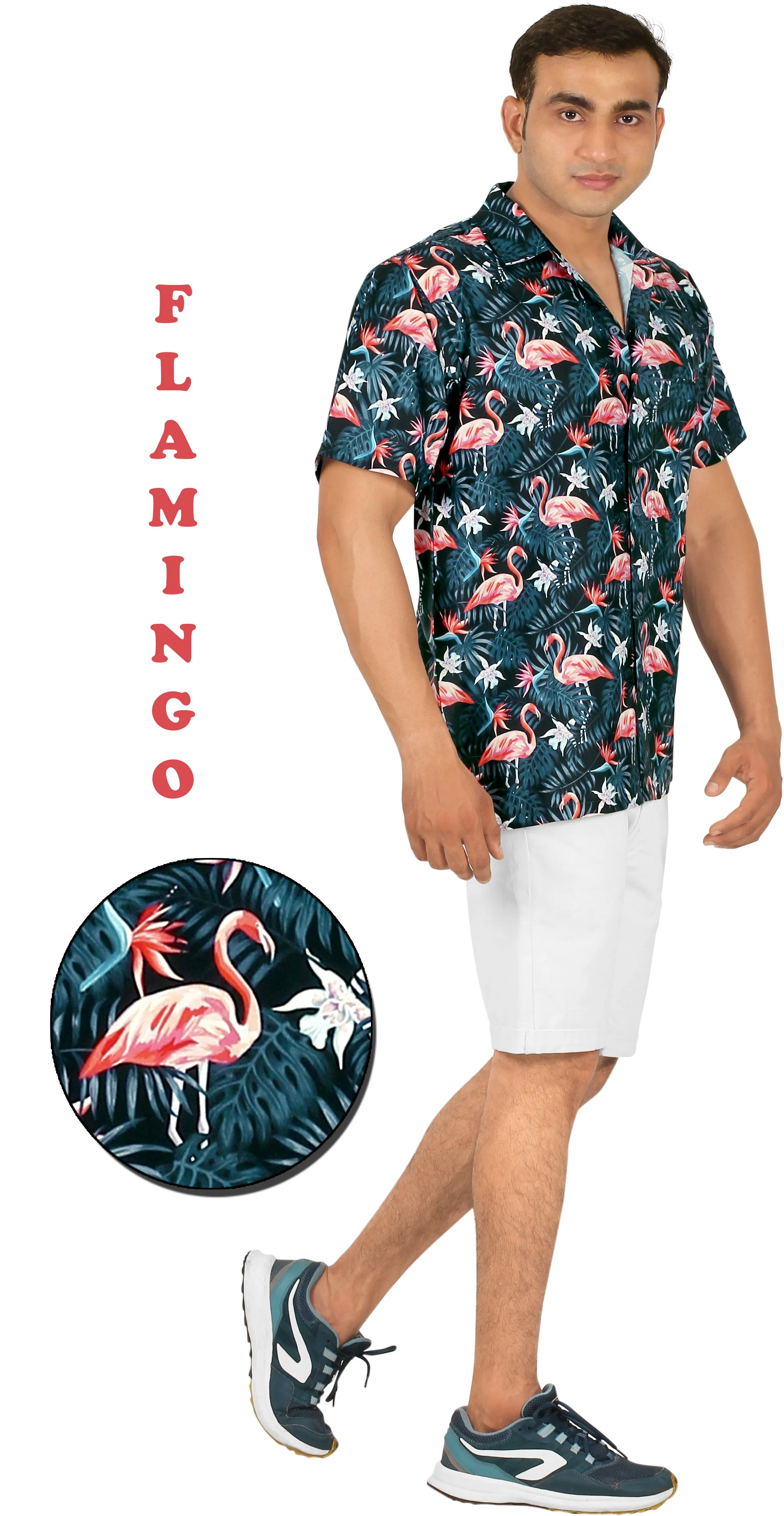 Black Tropical Flamingo and Leaves Printed Hawaiian Beach Shirt For Men