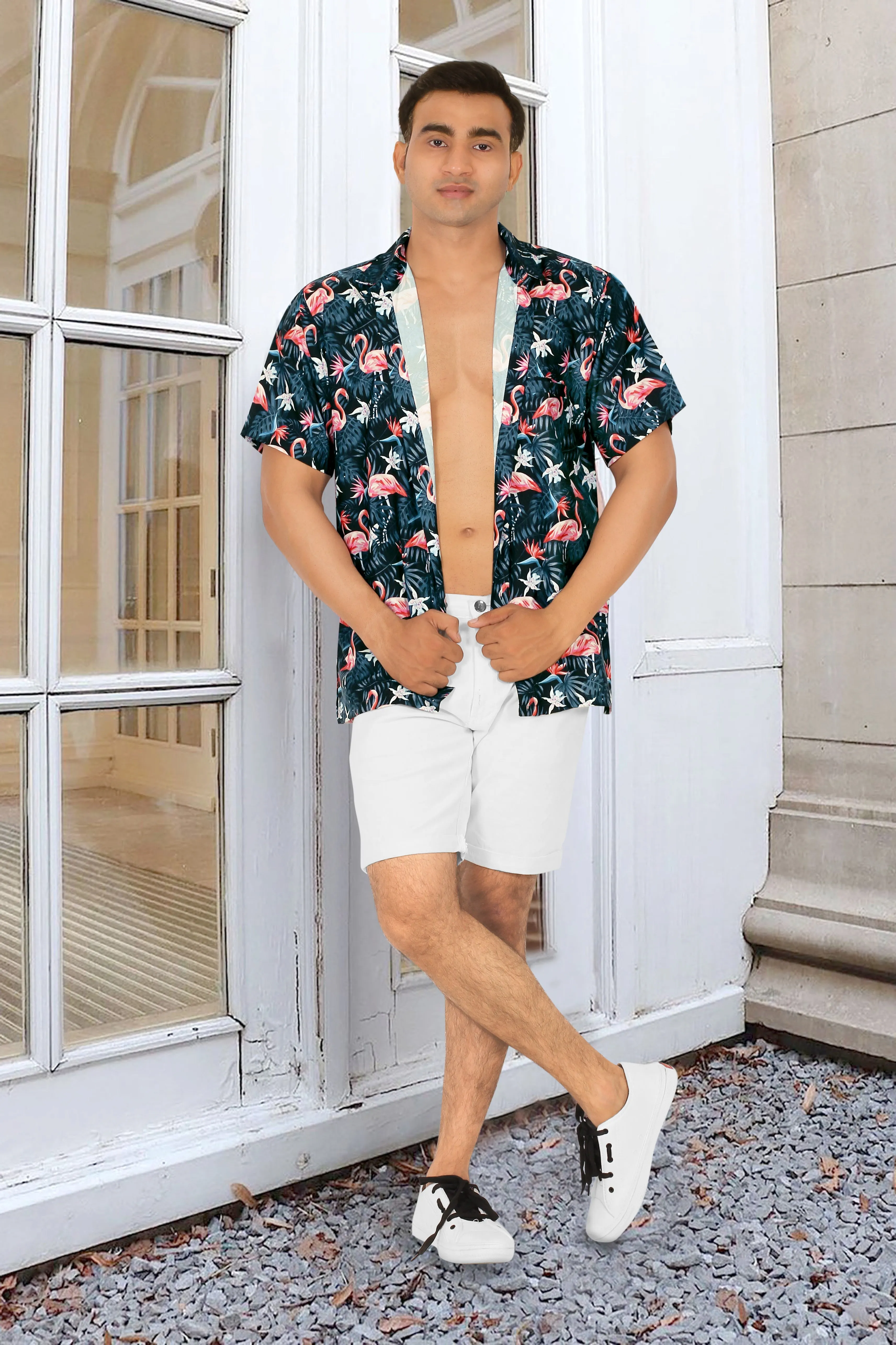 Black Tropical Flamingo and Leaves Printed Hawaiian Beach Shirt For Men