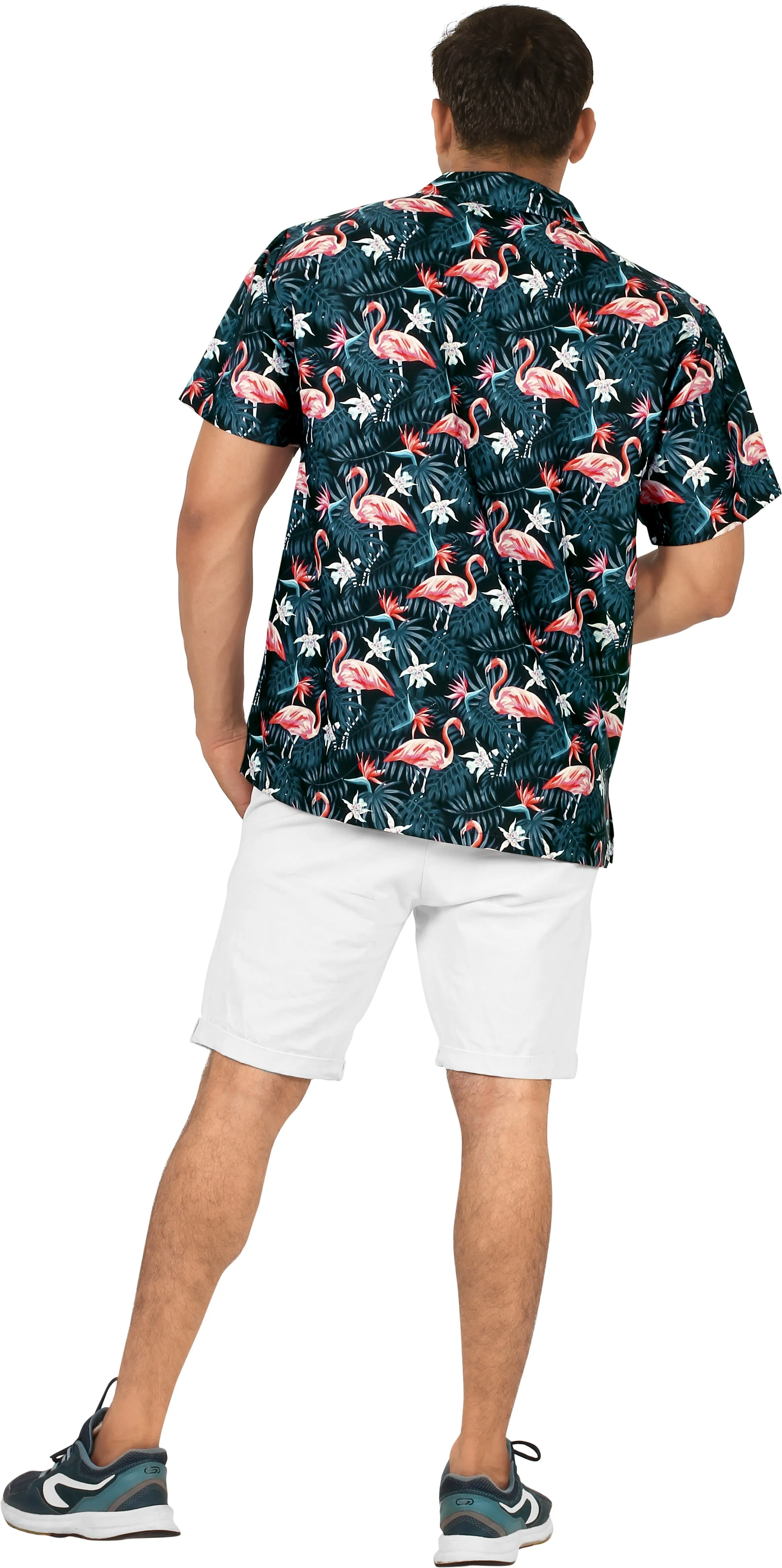 Black Tropical Flamingo and Leaves Printed Hawaiian Beach Shirt For Men