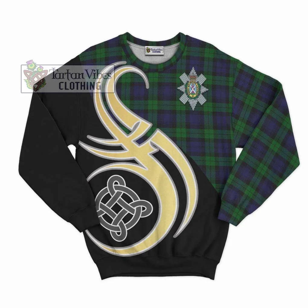 Black Watch Tartan Sweatshirt with Family Crest and Celtic Symbol Style