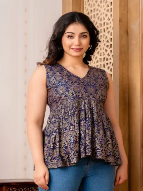 Blue Foil Printed Rayon Flared Top