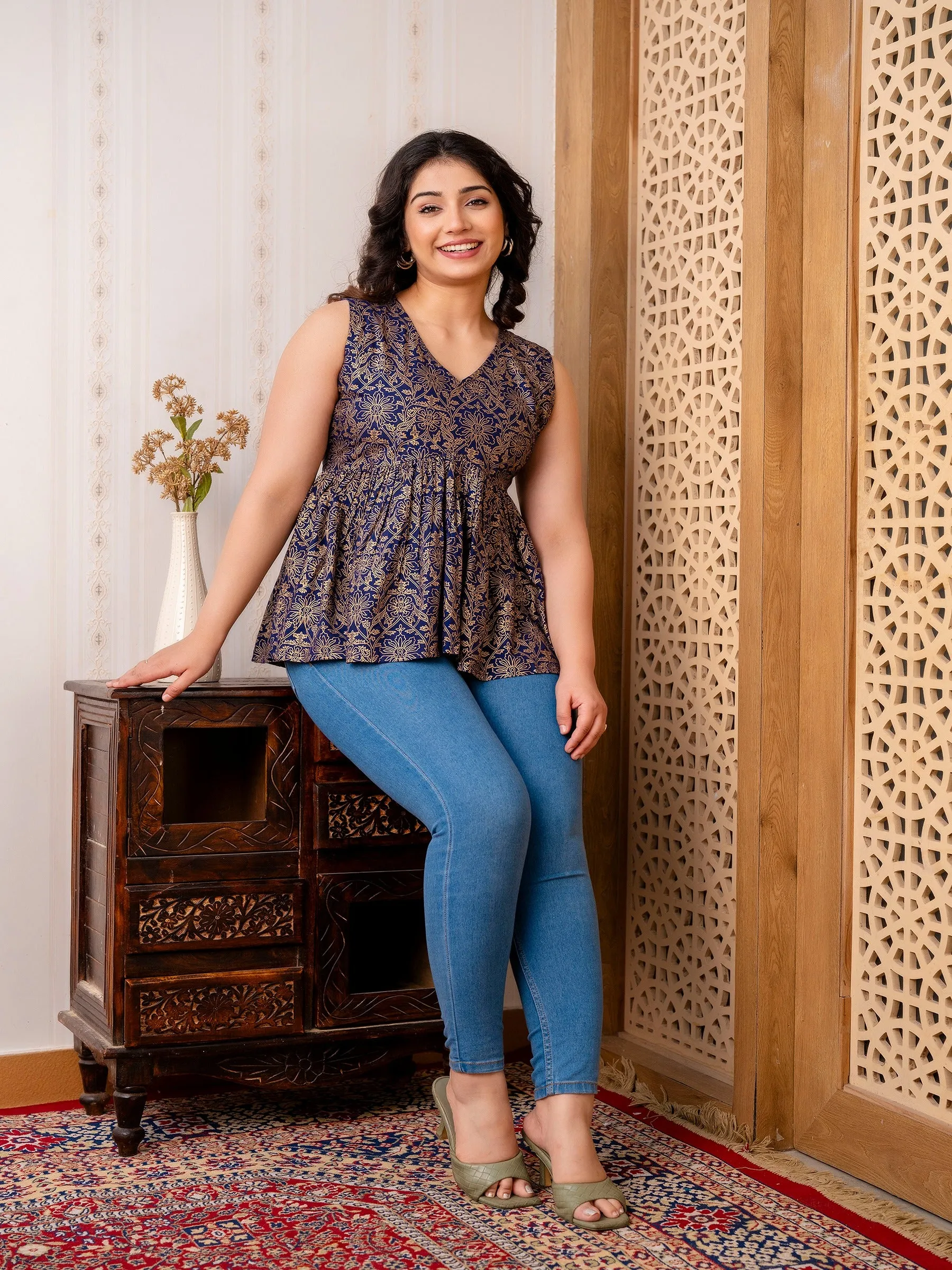 Blue Foil Printed Rayon Flared Top