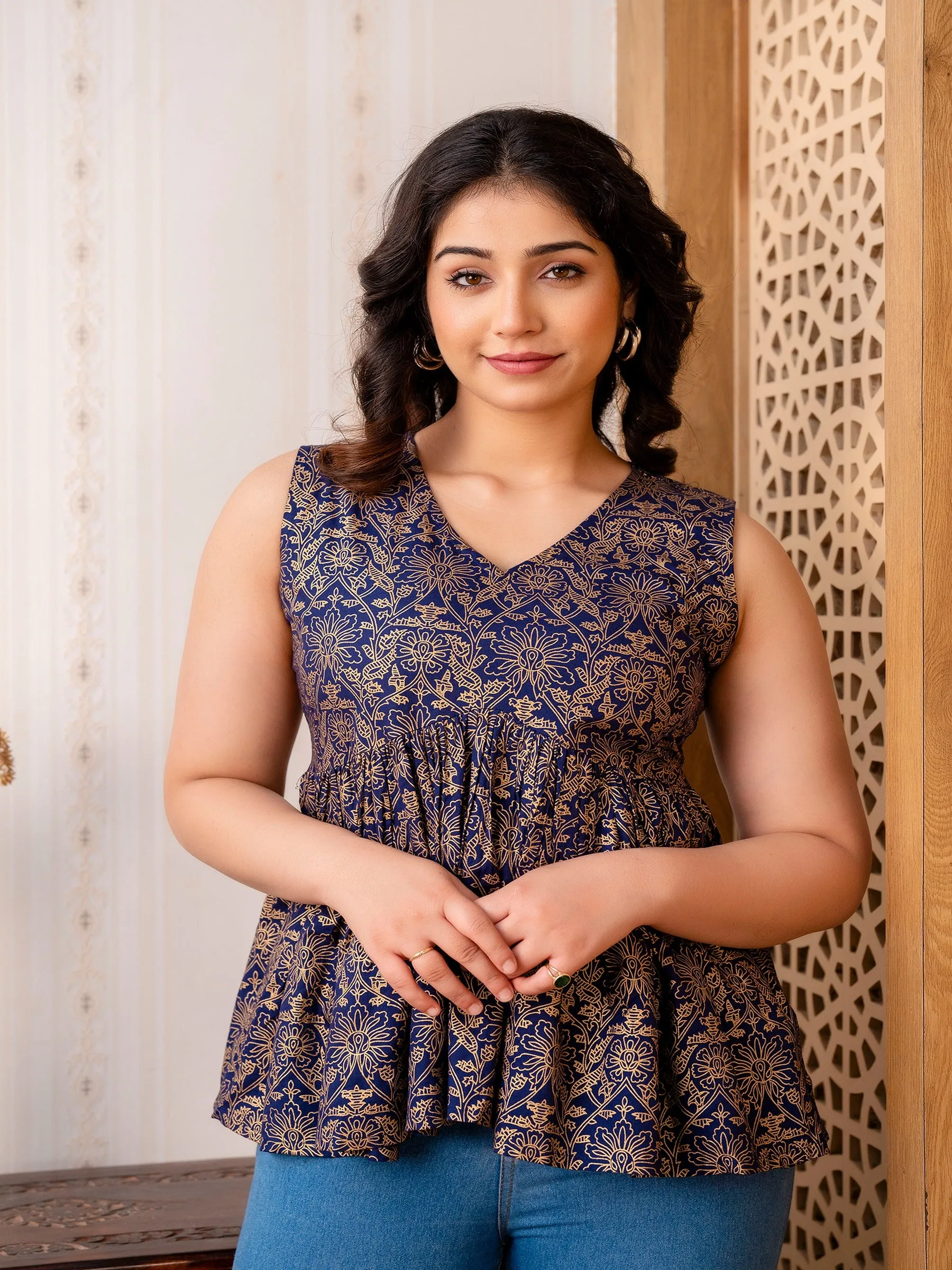 Blue Foil Printed Rayon Flared Top