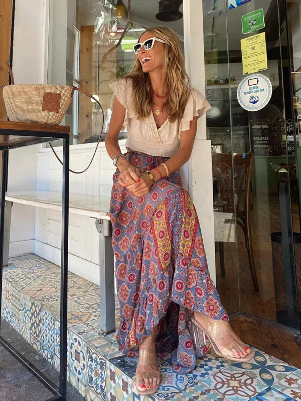 Boho-Chic Vintage Skirt with Tropical Print and Tiered Ruffles