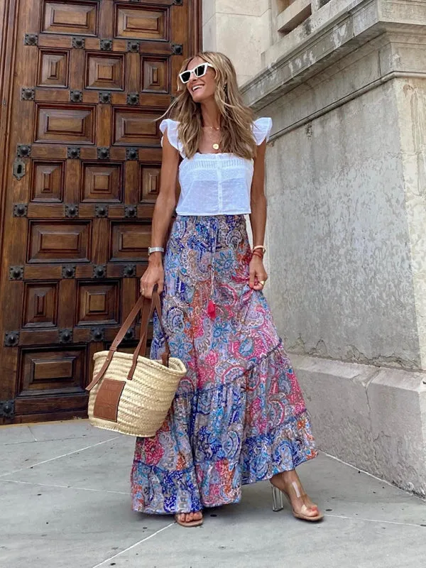Boho-Chic Vintage Skirt with Tropical Print and Tiered Ruffles