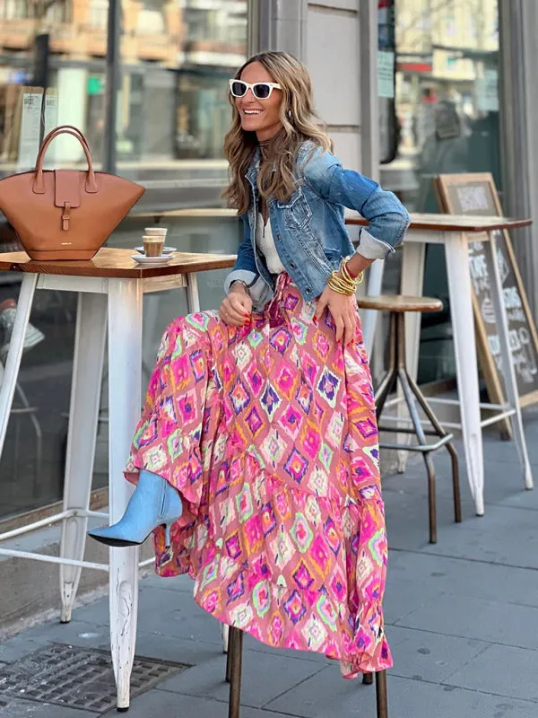 Boho-Chic Vintage Skirt with Tropical Print and Tiered Ruffles