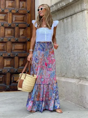 Boho-Chic Vintage Skirt with Tropical Print and Tiered Ruffles