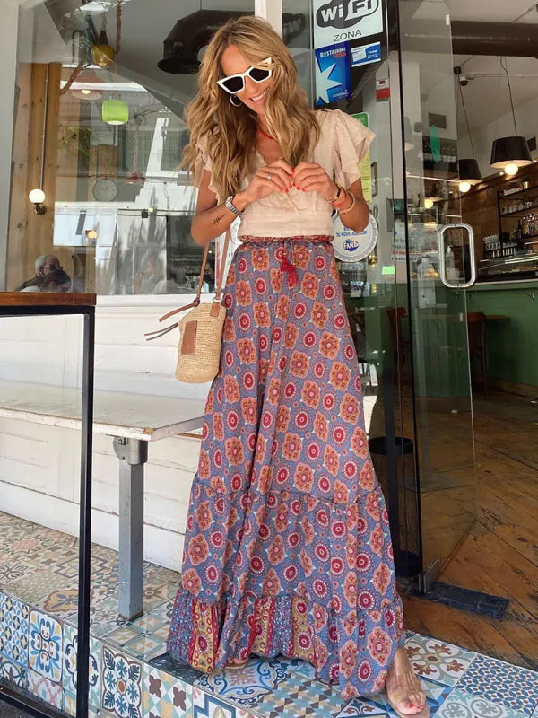 Boho-Chic Vintage Skirt with Tropical Print and Tiered Ruffles