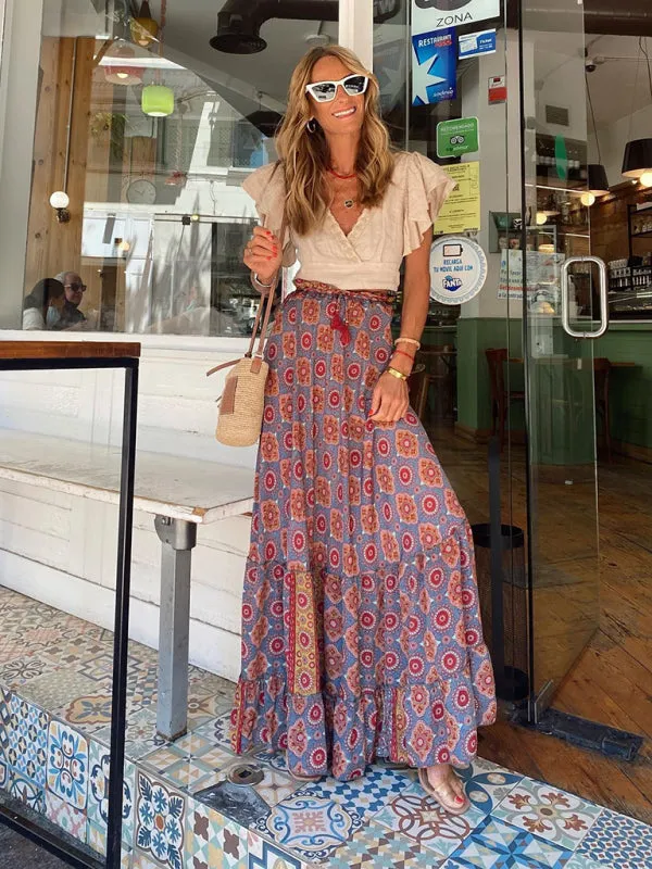 Boho-Chic Vintage Skirt with Tropical Print and Tiered Ruffles