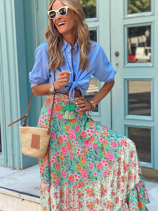 Boho-Chic Vintage Skirt with Tropical Print and Tiered Ruffles