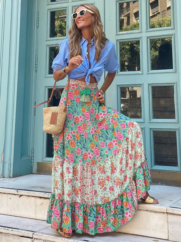 Boho-Chic Vintage Skirt with Tropical Print and Tiered Ruffles