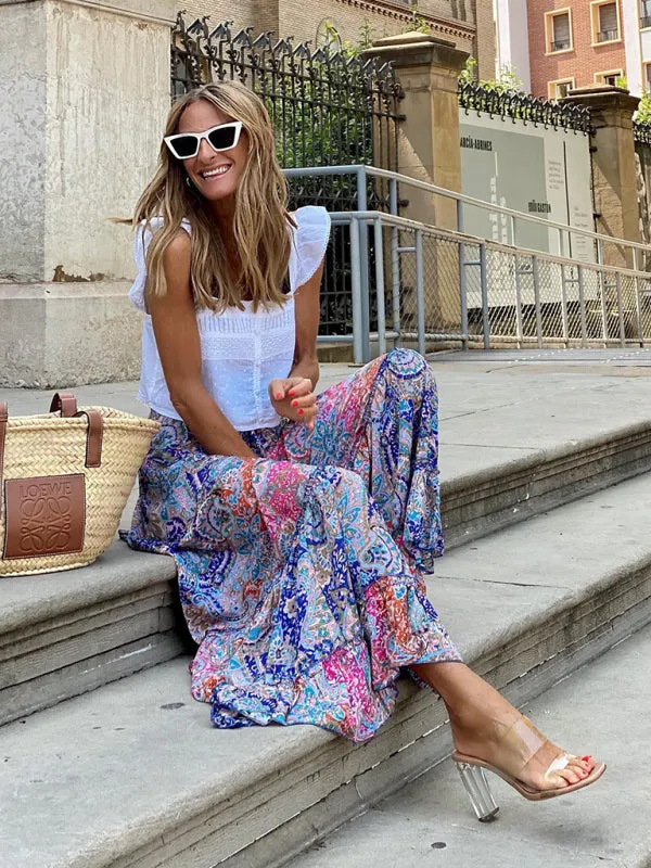 Boho-Chic Vintage Skirt with Tropical Print and Tiered Ruffles