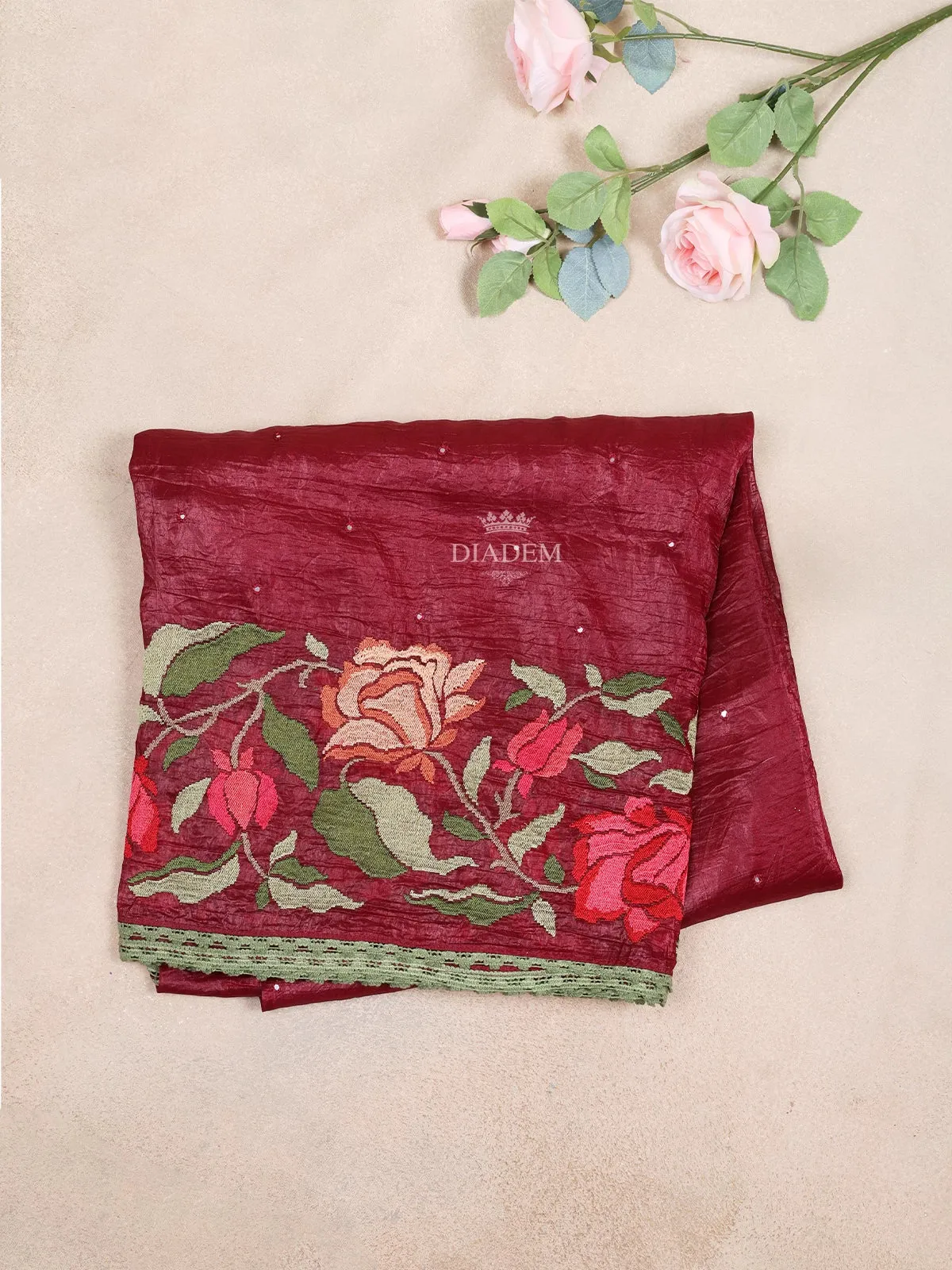 Burgandy Designer Saree with Floral and Dot Design on the Body with Thread Border