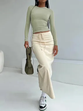 Cargo Casual Solid Color Drawstring Split Long with Pockets for Beach Vacation Club Streetwear Vintage Summer Skirt
