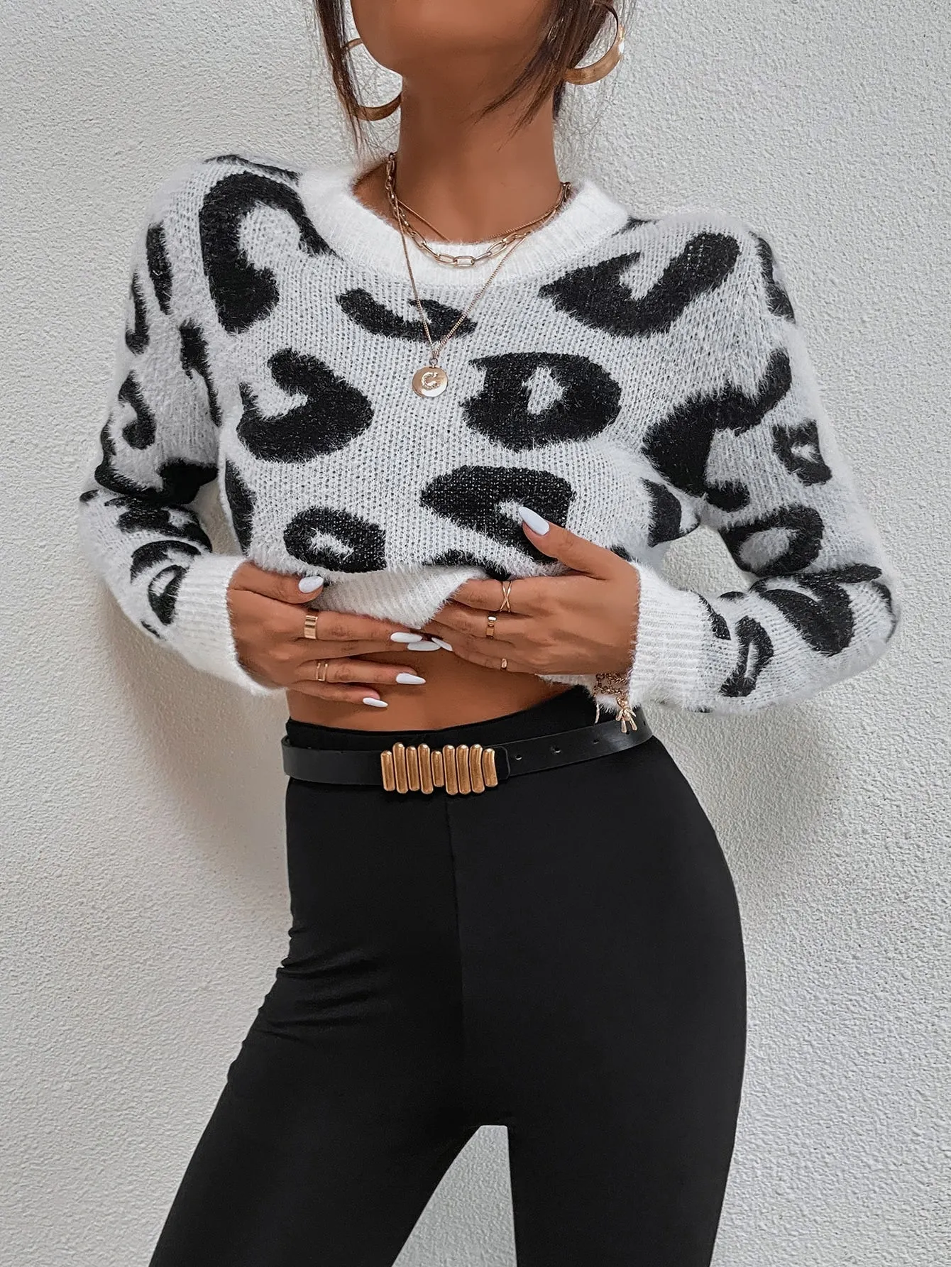 Casual All Over Print Rib-Knit Long Sleeve Round Neck Crop Women Sweater