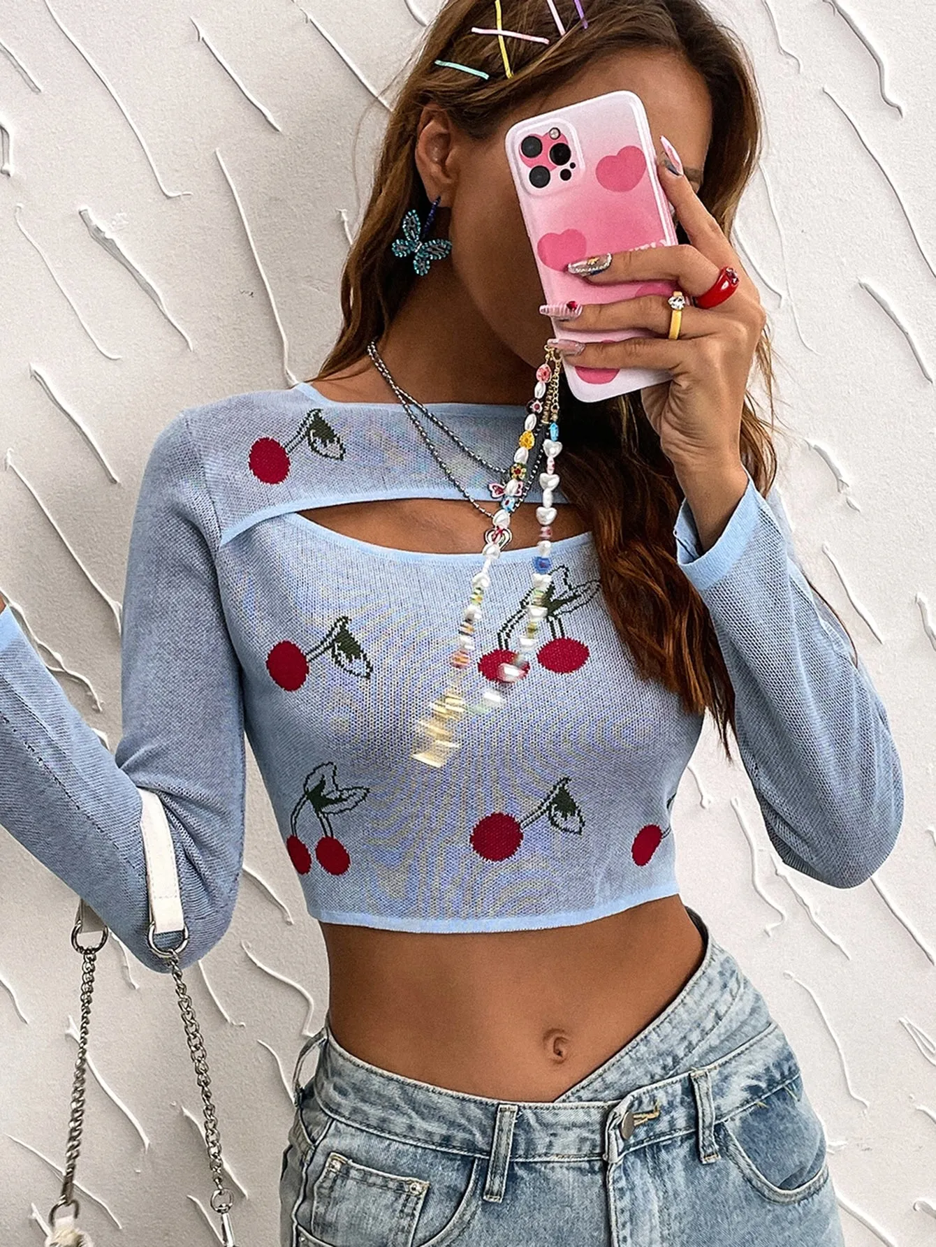Casual Fruit&Vegetable Cut Out Long Sleeve Boat Neck Crop Women Sweater