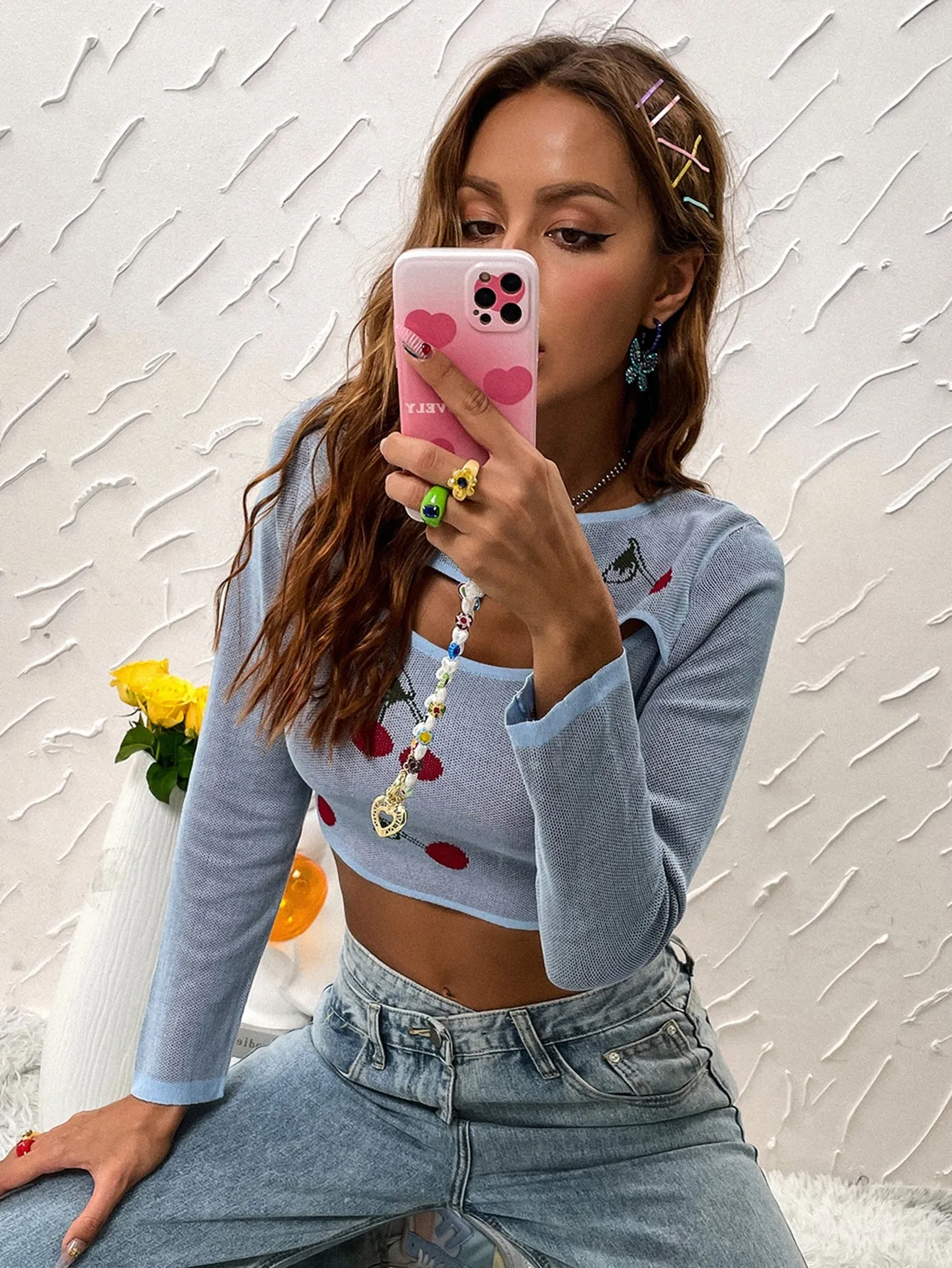 Casual Fruit&Vegetable Cut Out Long Sleeve Boat Neck Crop Women Sweater