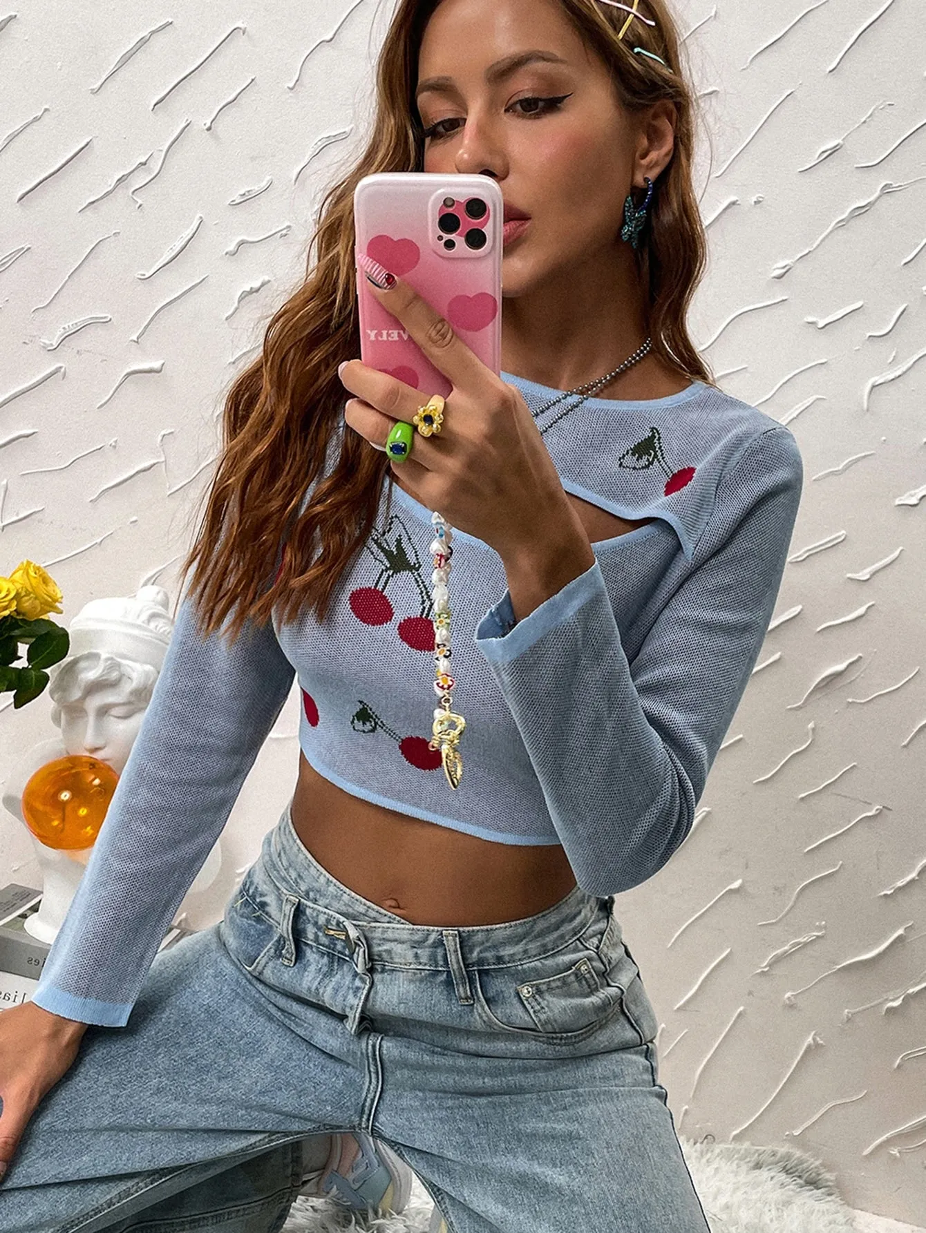 Casual Fruit&Vegetable Cut Out Long Sleeve Boat Neck Crop Women Sweater