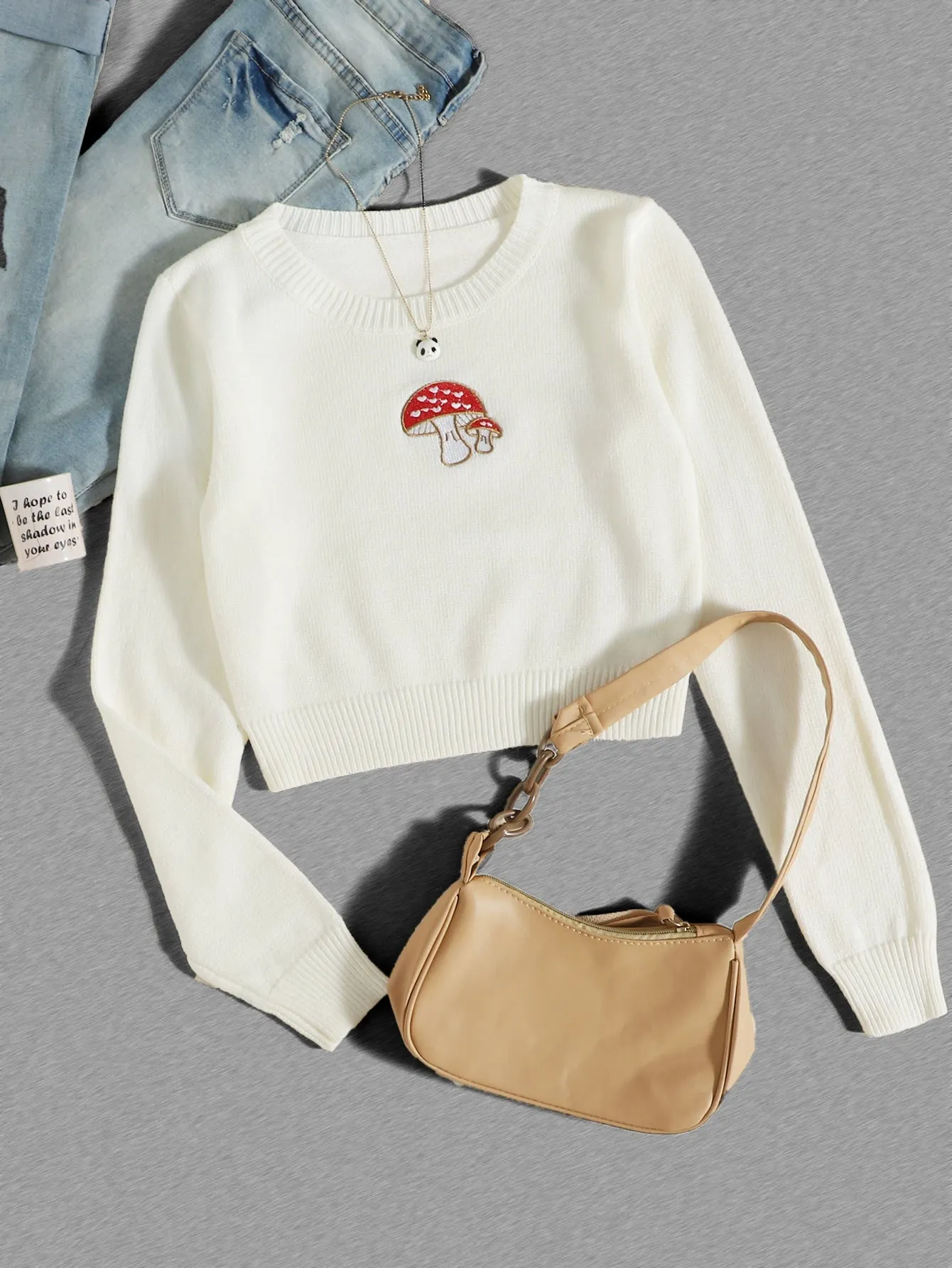 Casual Fruit&Vegetable Embroidery Long Sleeve Round Neck Crop Women Sweater