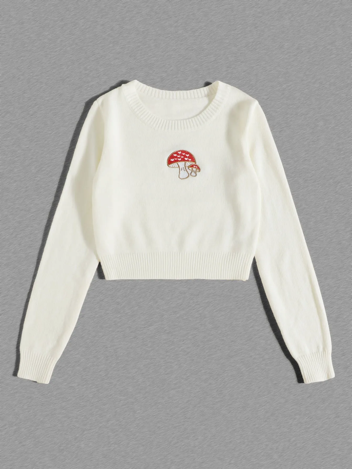 Casual Fruit&Vegetable Embroidery Long Sleeve Round Neck Crop Women Sweater