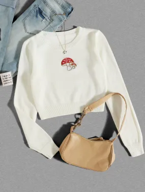 Casual Fruit&Vegetable Embroidery Long Sleeve Round Neck Crop Women Sweater