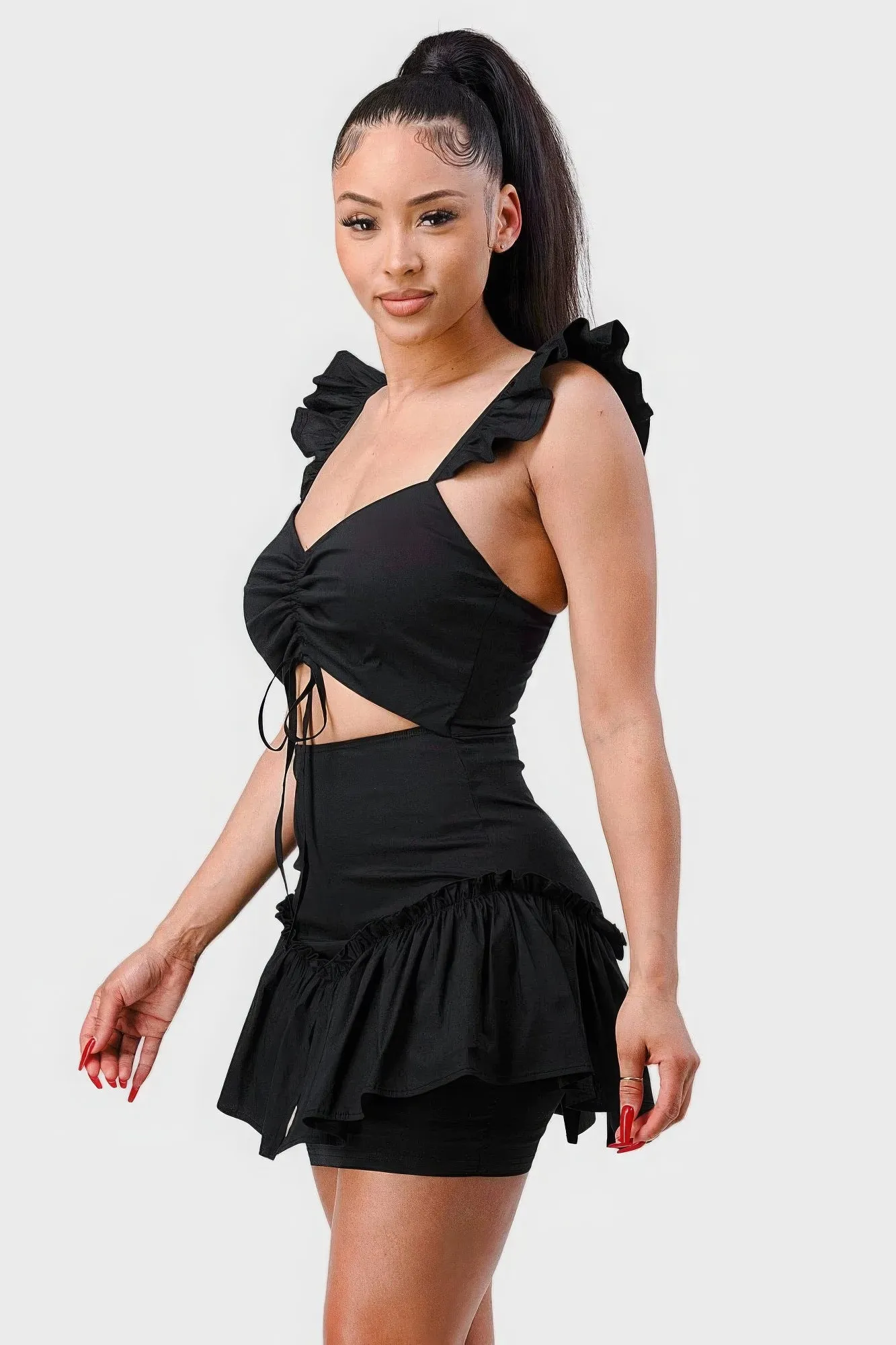 Chic Sweetheart Mini Dress with Bow Cutout and Ruffles