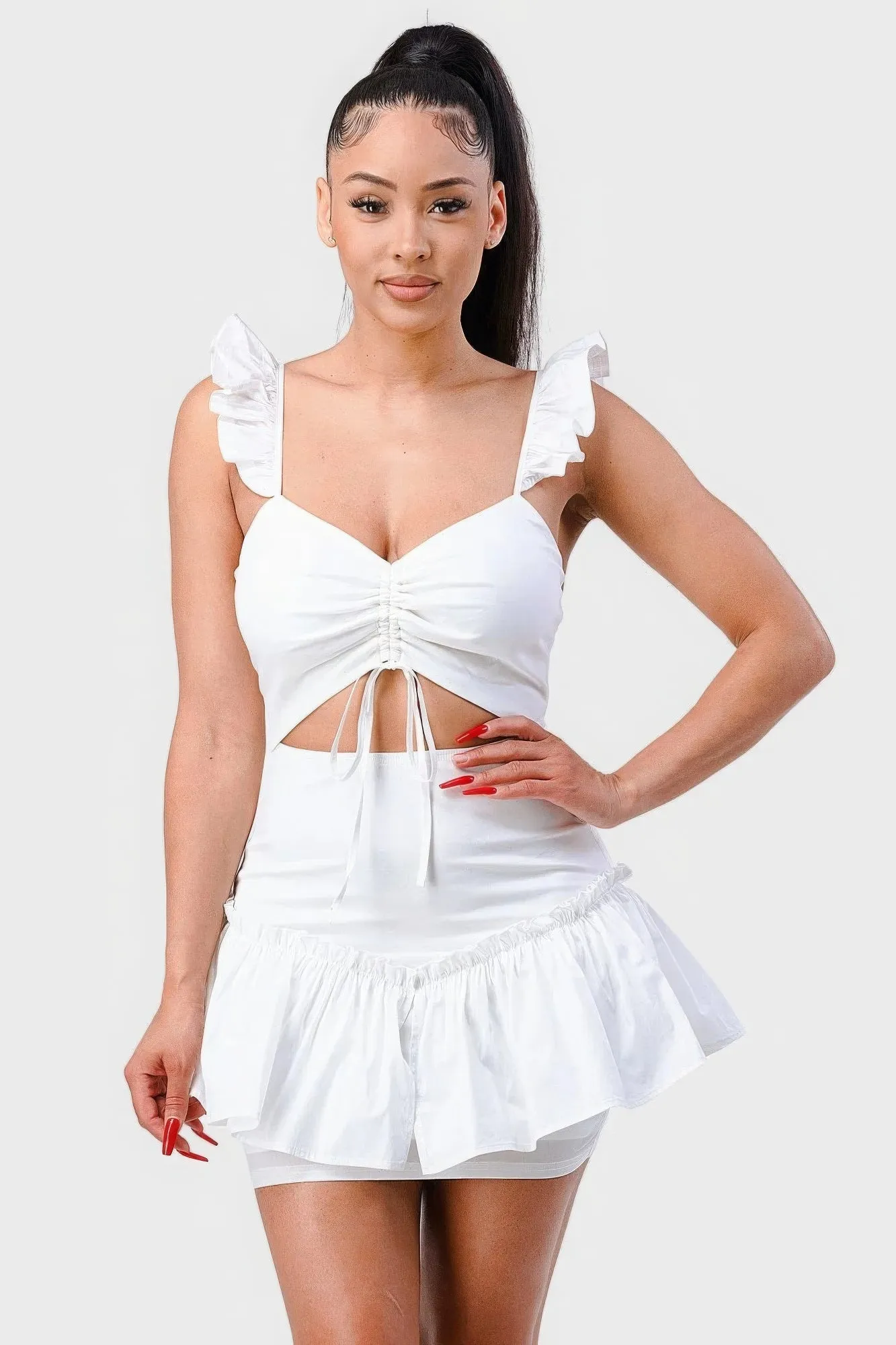 Chic Sweetheart Mini Dress with Bow Cutout and Ruffles