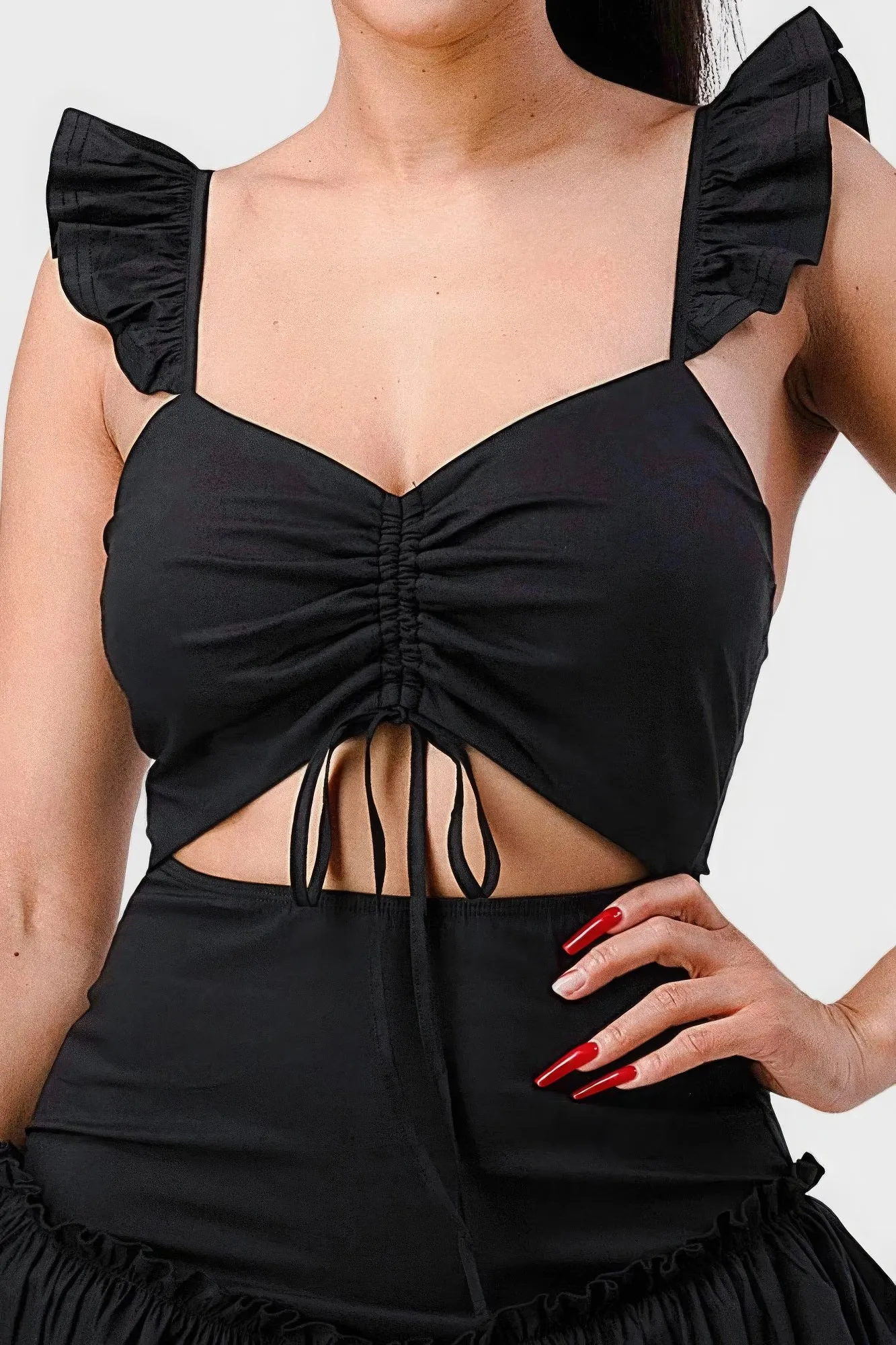 Chic Sweetheart Mini Dress with Bow Cutout and Ruffles