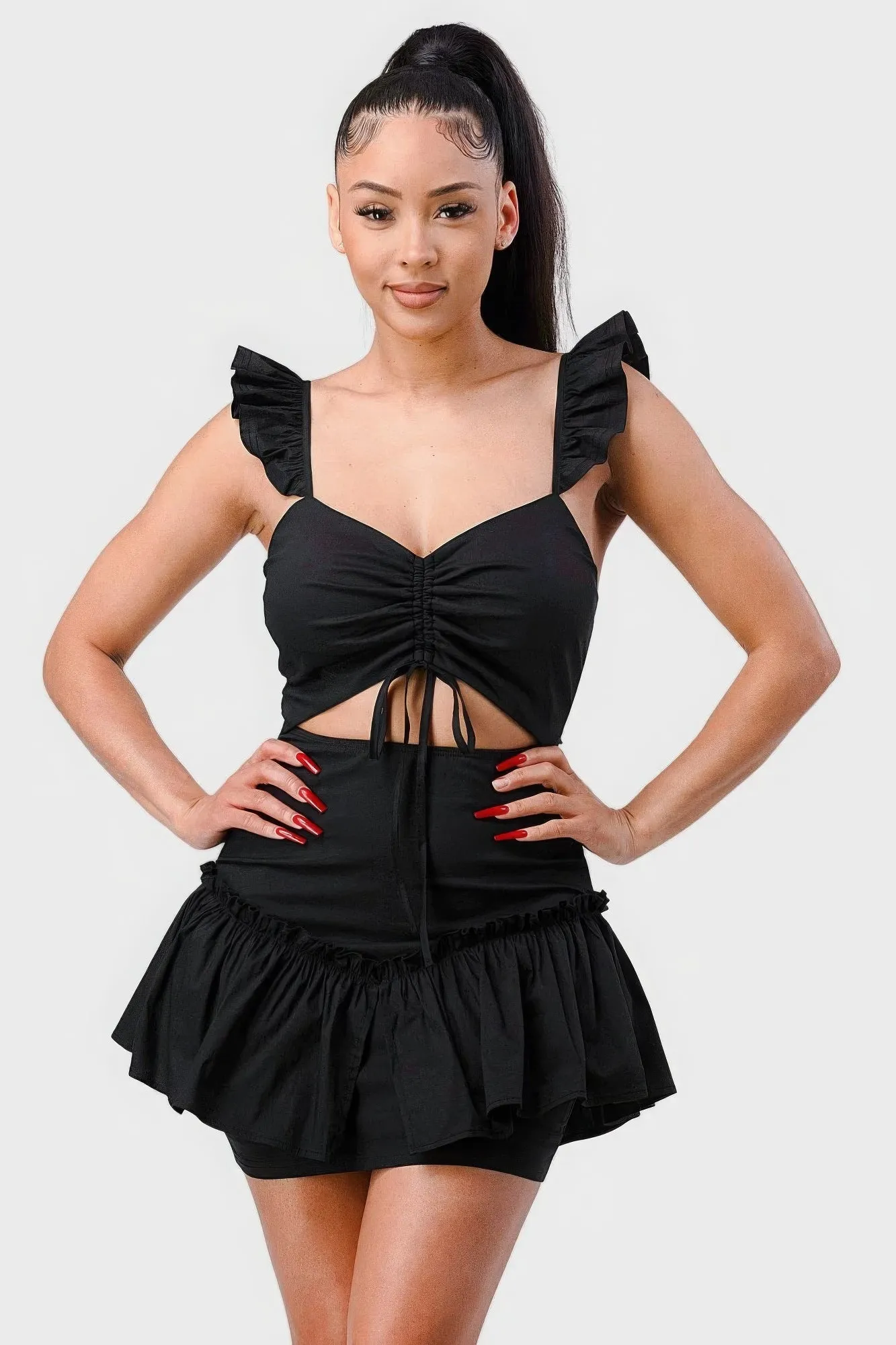 Chic Sweetheart Mini Dress with Bow Cutout and Ruffles