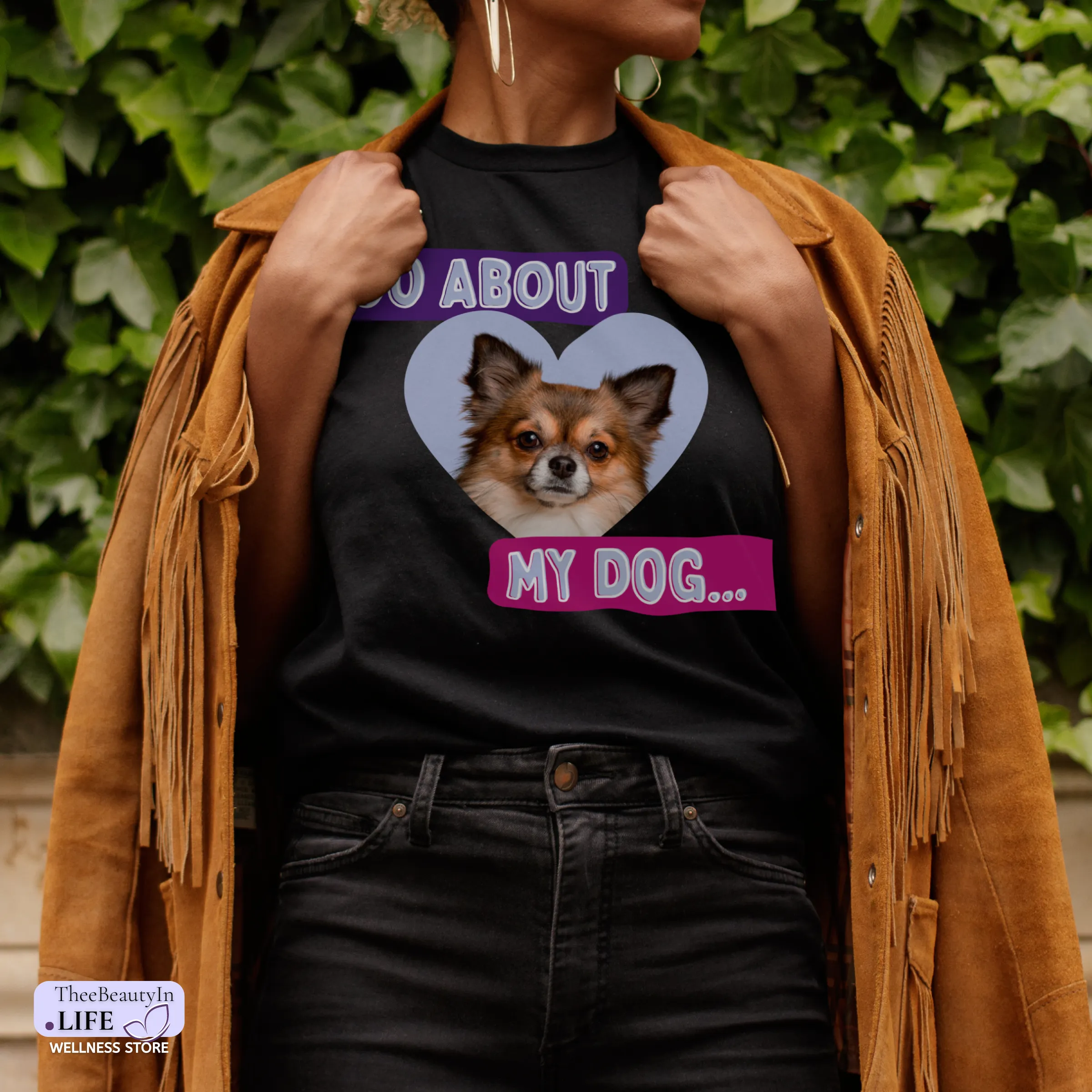 Crewneck Sweatshirt - About My Dog | Custom Photo Shirt for Dog Owner | Honeycomb Gold Long Sleeved Sweater | Colorful Sweatshirt with Hearts | Personalized Gifts