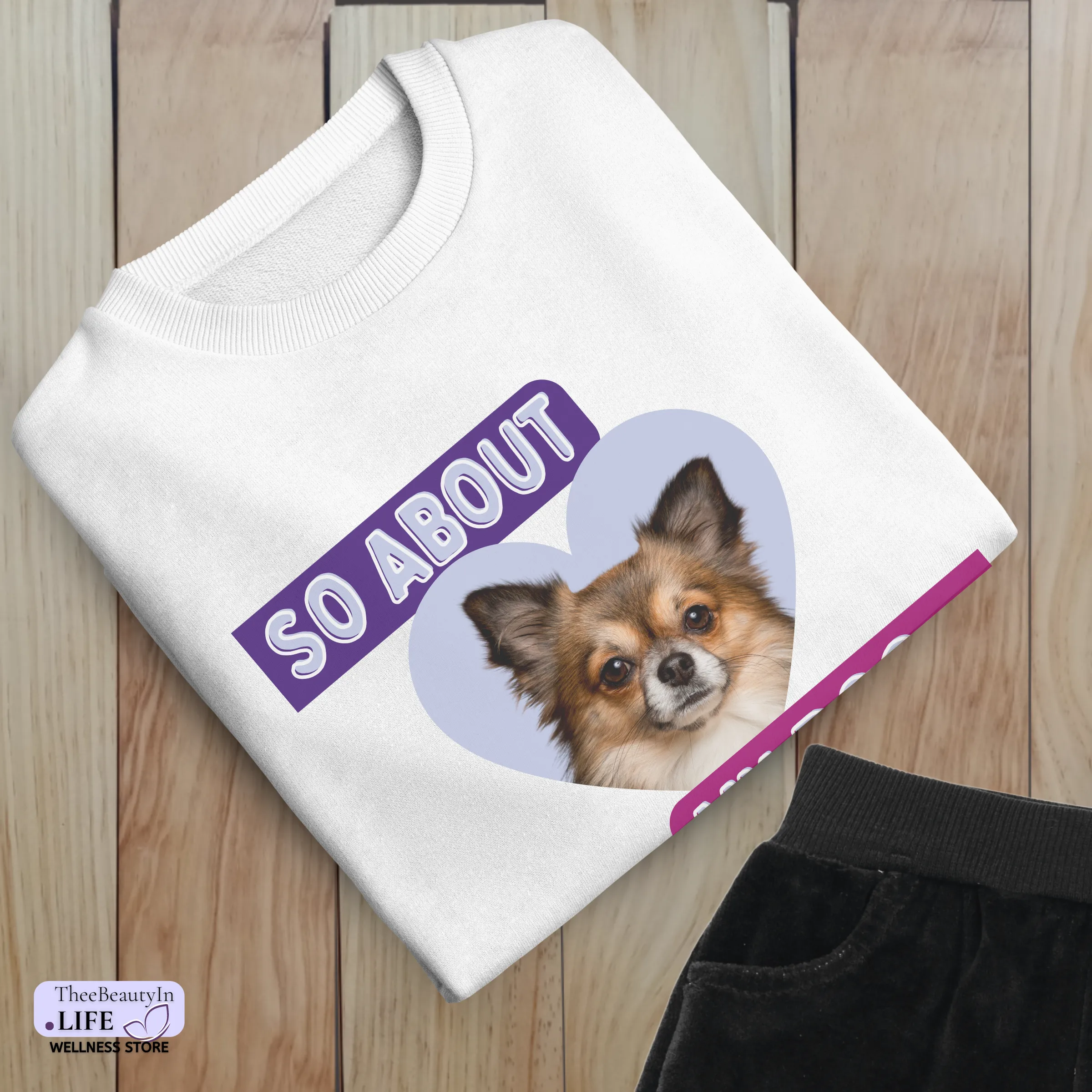 Crewneck Sweatshirt - About My Dog | Custom Photo Shirt for Dog Owner | Honeycomb Gold Long Sleeved Sweater | Colorful Sweatshirt with Hearts | Personalized Gifts