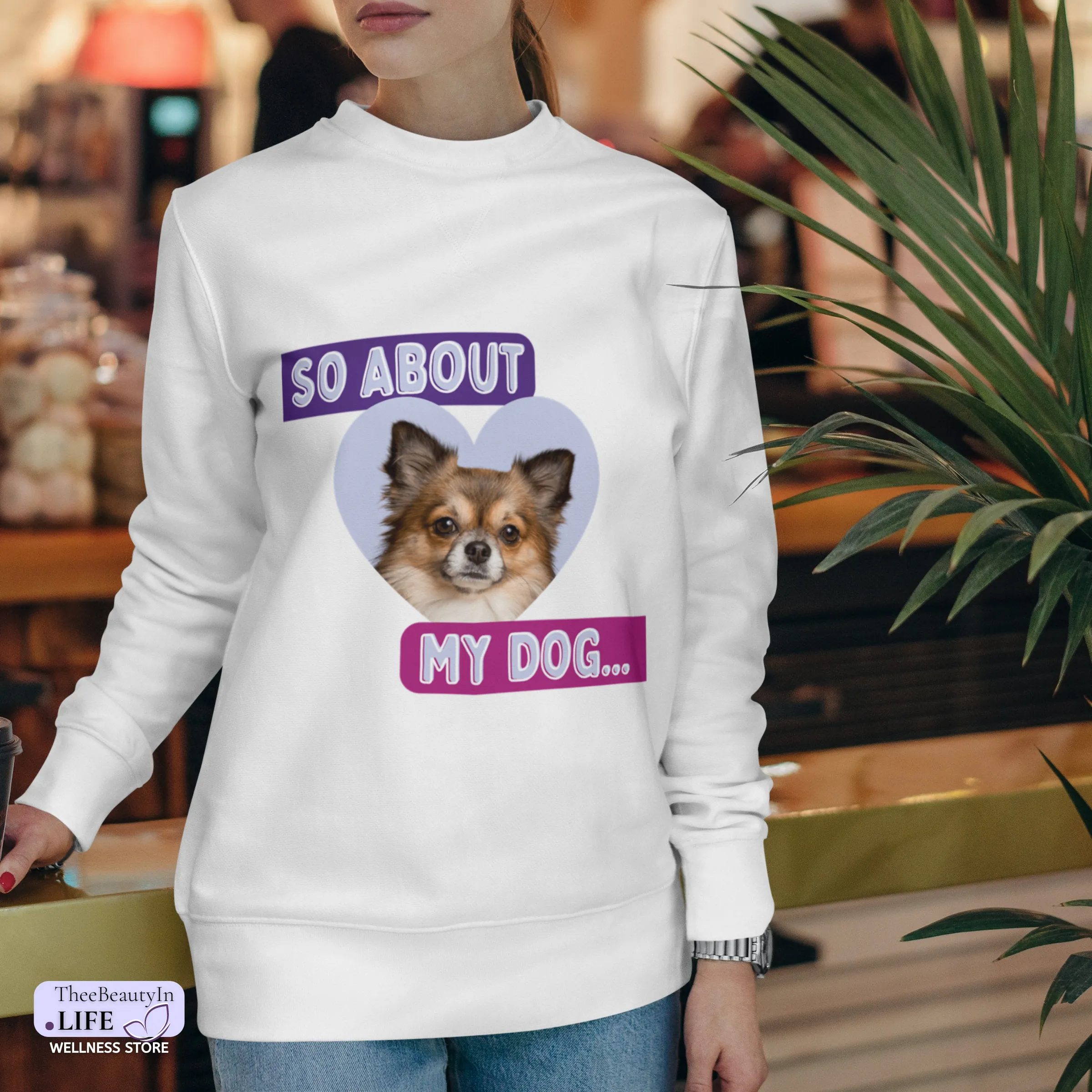 Crewneck Sweatshirt - About My Dog | Custom Photo Shirt for Dog Owner | Honeycomb Gold Long Sleeved Sweater | Colorful Sweatshirt with Hearts | Personalized Gifts