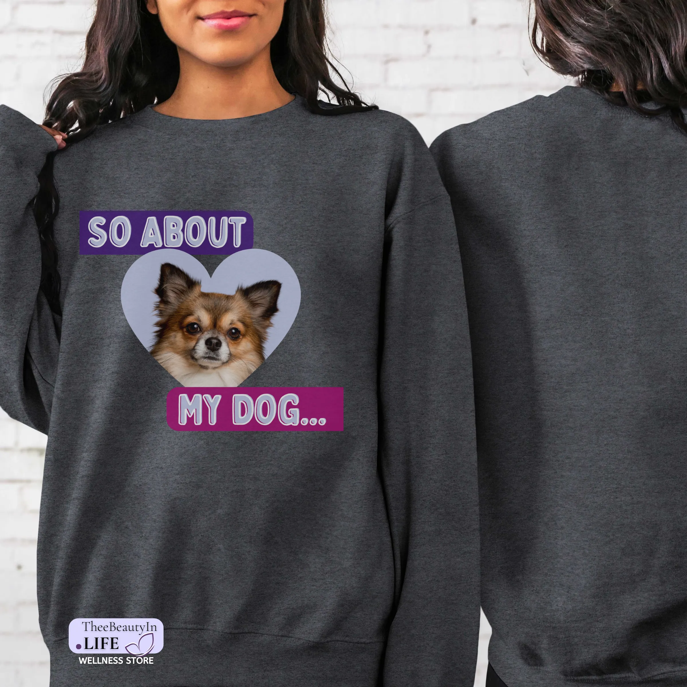 Crewneck Sweatshirt - About My Dog | Custom Photo Shirt for Dog Owner | Honeycomb Gold Long Sleeved Sweater | Colorful Sweatshirt with Hearts | Personalized Gifts